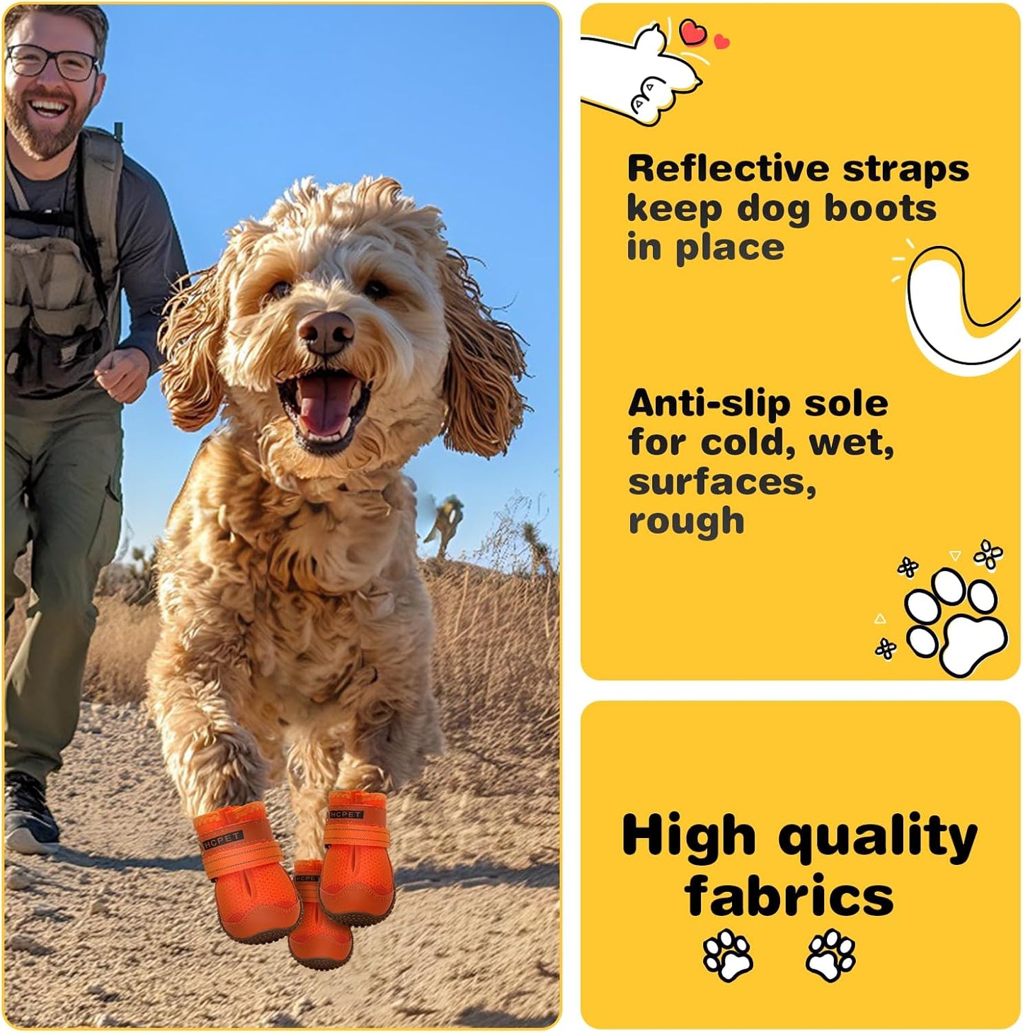 Hcpet Dog Shoes for Large Dogs, Breathable Dog Booties for Small Medium Dogs, Anti-Slip Dog Boots & Paw Protectors for Hot Pavement Winter Snow Hiking with Reflective Straps Orange Size 8