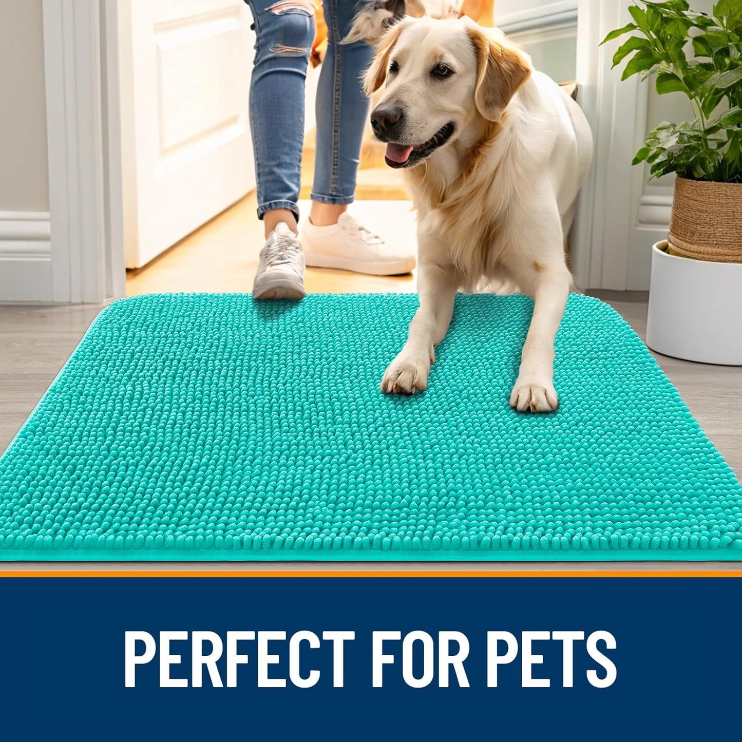 OLANLY Dog Door Mat for Muddy Paws 59x20, Absorbs Moisture and Dirt, Absorbent Non-Slip Washable Doormat, Quick Dry Chenille Mud Mat for Dogs, Entry Indoor Entryway Carpet for Inside Floor, Teal