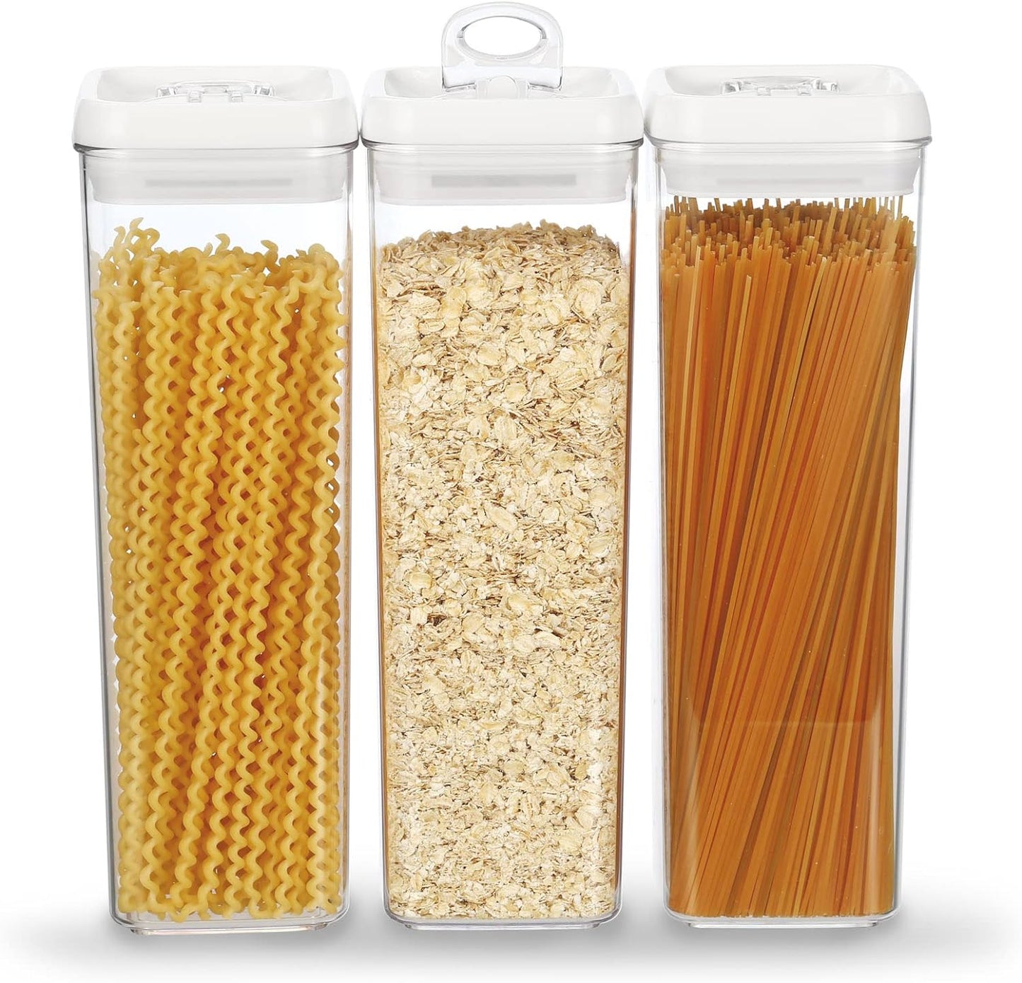 Felli Flip Tite TALL Storage Container with Lid 4" Air Tight Easy Open Ring Top, Clear Acrylic Skinny Canister Jar for Spaghetti Lasagna Fettuccine Noodle, Kitchen Cupboard Pantry Organizer (2.0 qt)