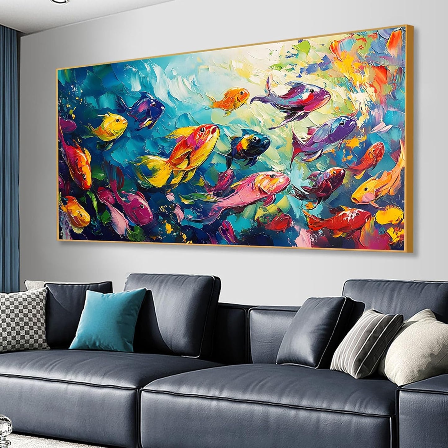 School of Fish Printed Canvas Wall Art – Framed Abstract Ocean Print – Vibrant Fish Wall Decor for Living Room, Bedroom, Office (Black Framed, 24"x12"|60x30cm)