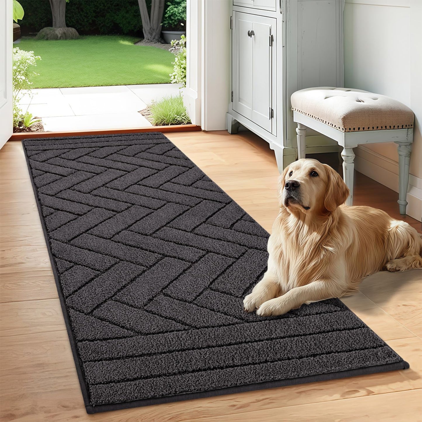 Tindbea Dog Mat for Muddy Paws,Absorbs Moisture Dirt Non-Slip Washable Mud Mat for Dogs,Soft Rubber Backing Front Inside Pet Rug for Entryway, Mud Dog Paws, Patio(24"x59",Charcoal)
