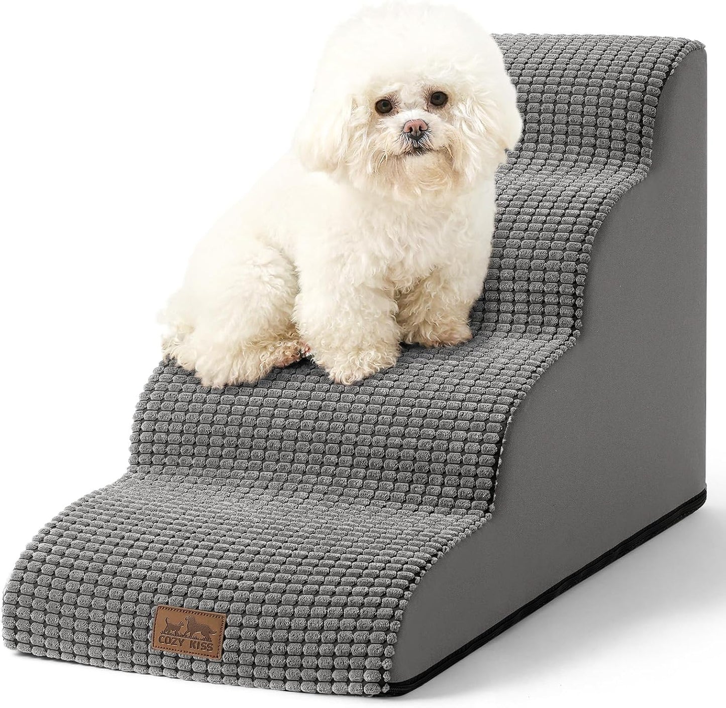 Dog Stairs for Small Dogs 19.7" H, Curved Dog Step for Puppy, Older or Cat, Medium Pet Ramp for Sofa, Couch or Bed, Ladder with High Density Foam, 15.7x28.3x19.7 inch, 4 Step, Light Grey