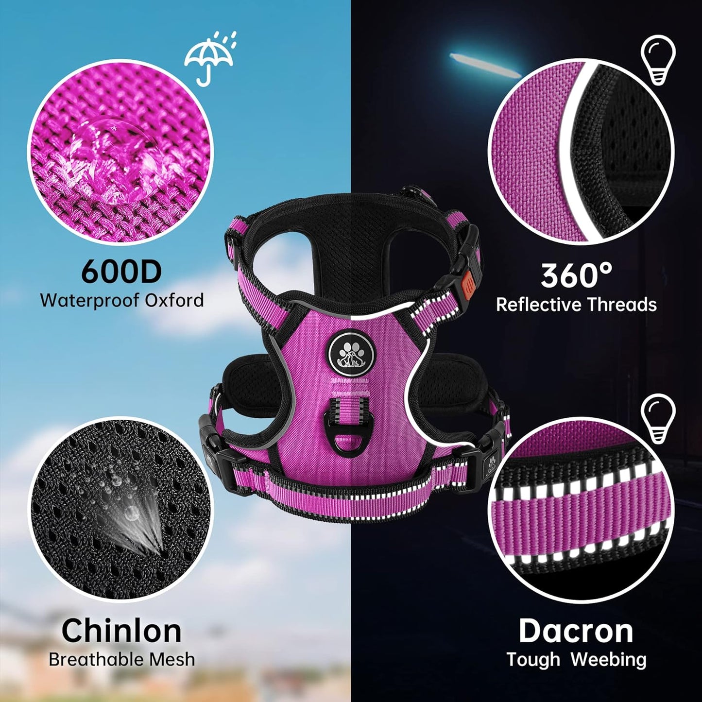 NESTROAD No Pull Dog Harness,Adjustable Oxford Dog Vest Harness with Leash,Reflective No-Choke Pet Harness with Easy Control Soft Handle for Small Medium Dogs(Medium,Fuchsia Pink)