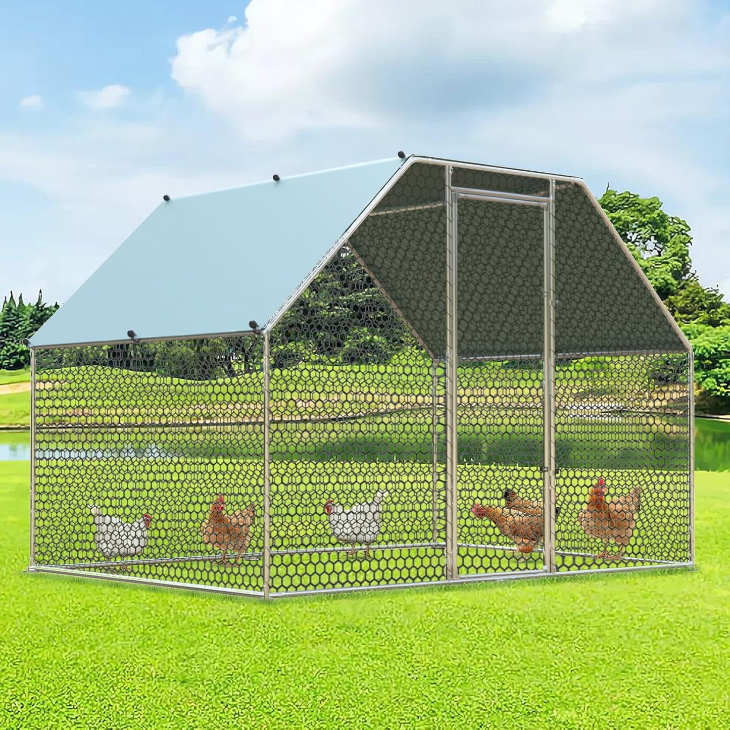 4ever2buy Chicken Runs for Yard with Cover, Large Metal Chicken Run Walk in Metal, Outside Dog Kennel with Roof, Flat Roofed Outdoor Kennel for Cats(9.2’Lx6.23’Wx6.4’H)