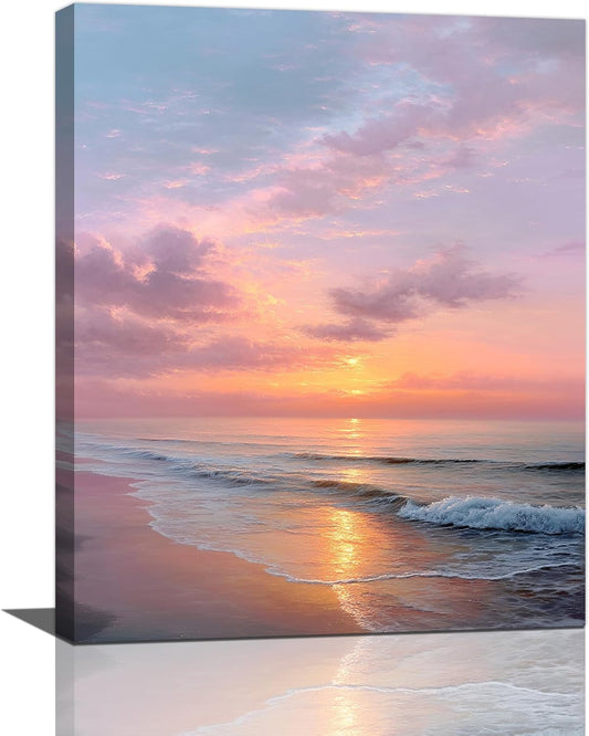 Beach Sunset Wall Art Ocean Coastal Scenery Wall Decor Seascape Picture Canvas Landscape Painting Print Framed Artwork Decorations for Living Room Office Bedroom Kitchen 16"x20"