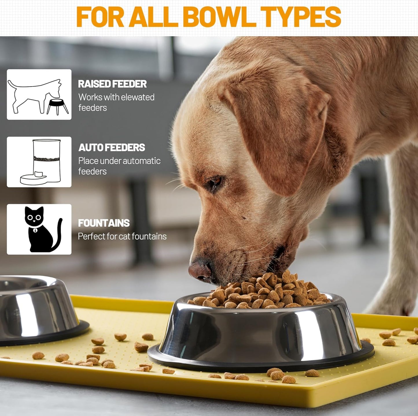 Hubulk Dog Feeding Mat,100% Waterproof Food Grade Silicone Pet Food and Water Bowl Placemat,Dishwasher, High Raised Edge to Prevent Spills,Nonslip Tray to Stop Messes on Floor (19"x12"x0.5", Yellow)