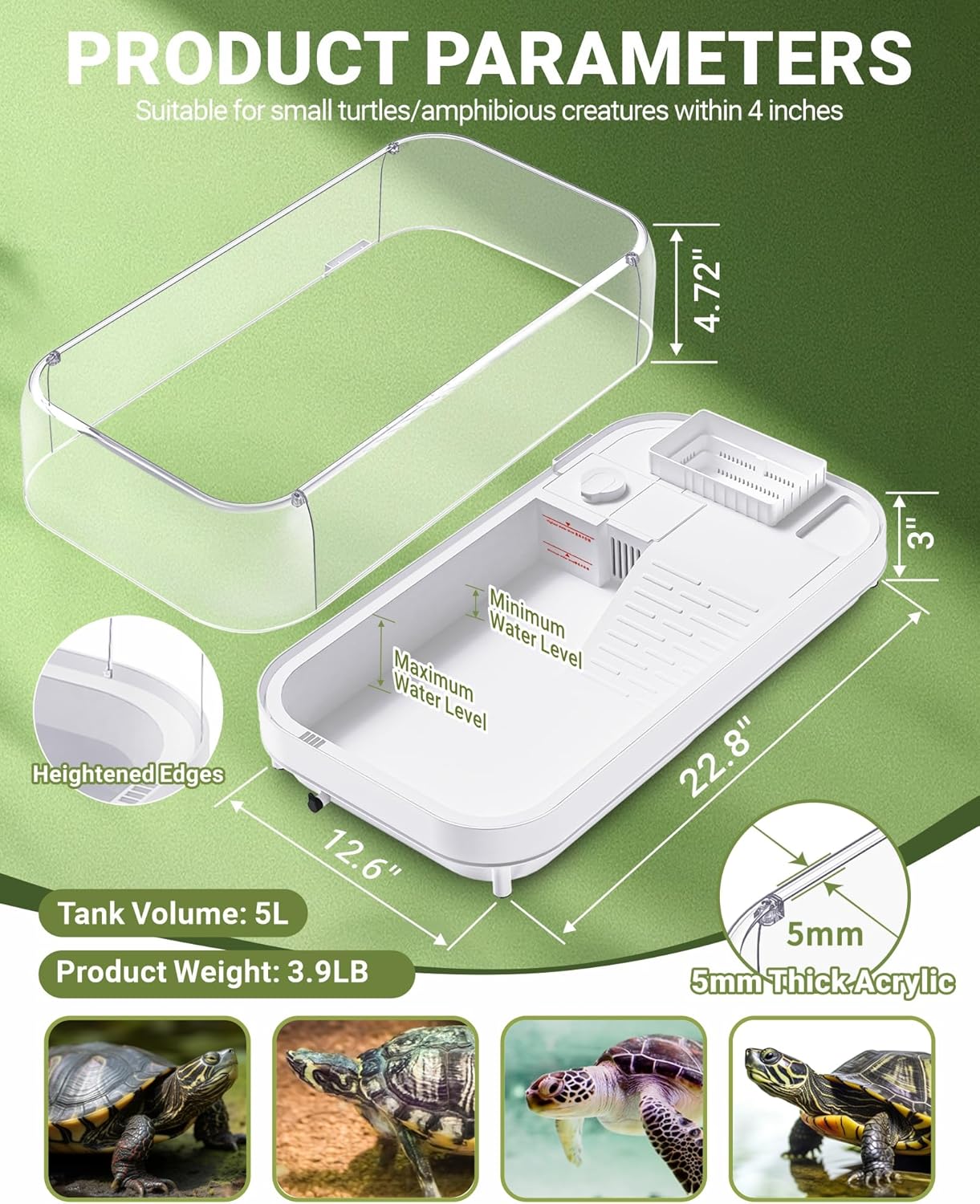 Large Turtle Tank Kit with Lamp and Filter, Acrylic Turtle Tank Starter Kit, Tank Aquarium with Heightened and Curved Fences, Bottom Drainage, Multi-Function Areas