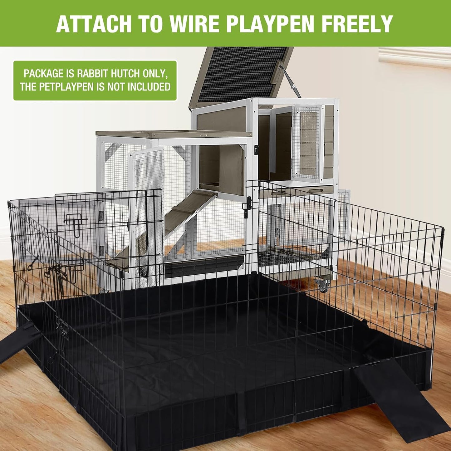 GUTINNEEN Rabbit Hutch Indoor Mobile Bunny Cage with Run Wooden 2 Story Guinea Pig Cage Outdoor for Small Animals with Wheels,Two Deeper No Leak Trays(Grey)