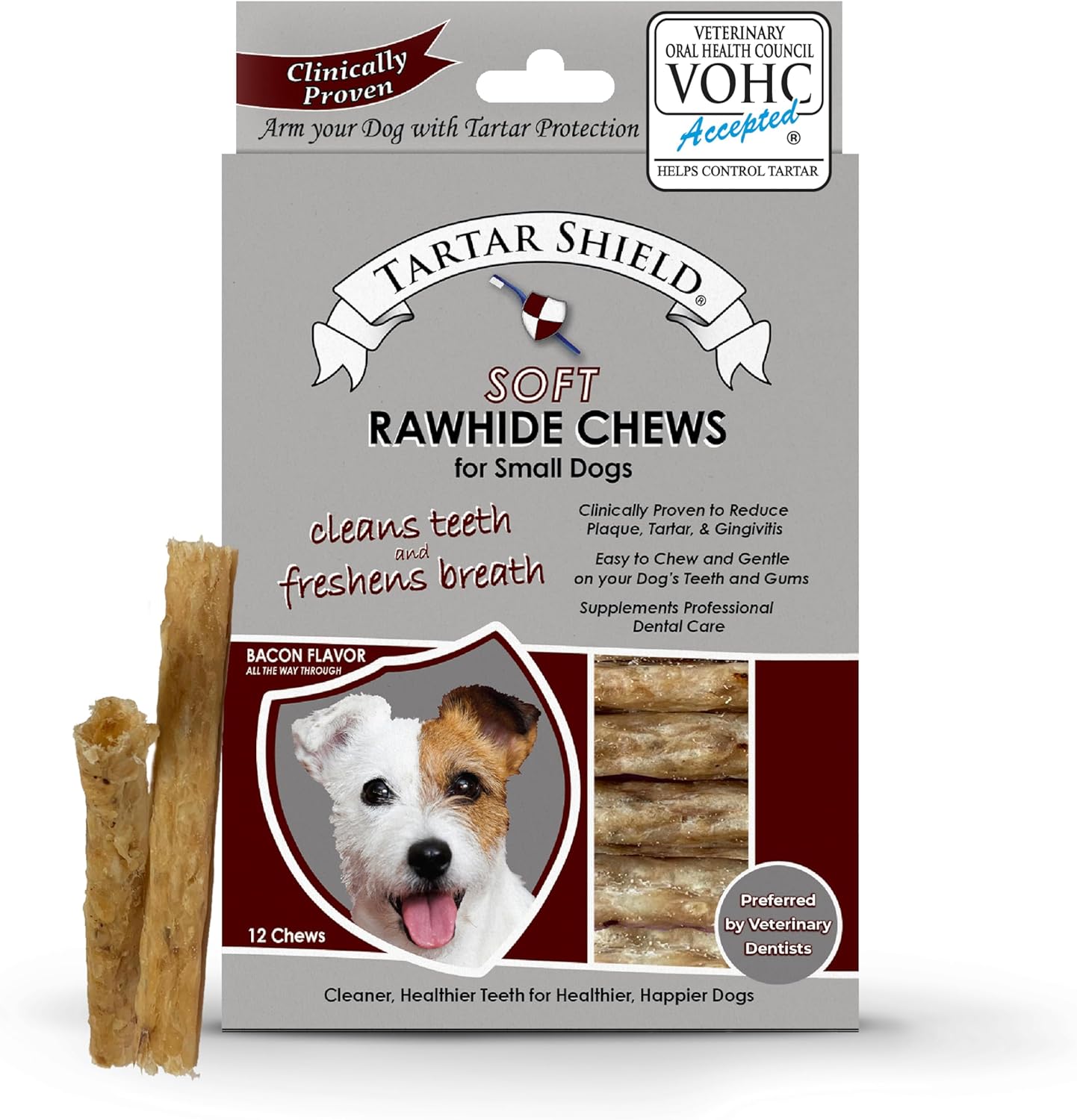 Tartar Shield Soft Rawhide Chews | Safe Dental Treats for Small Dogs | Vet VOHC Approved | Daily Bone Cleans Teeth & Gums Fresh Breath Oral Health Support | USA Made | (Small Dogs / 12 Count)