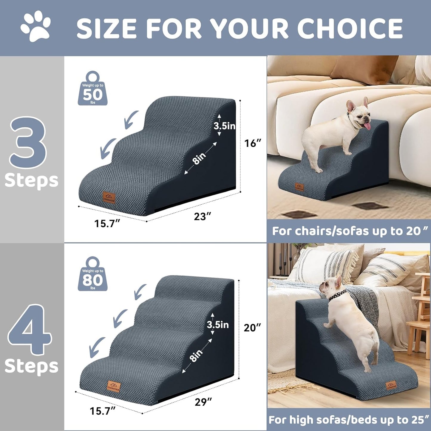 Dog Ramp and Stair for Bed 16" H-20 H,3-Step Cat Stair for Sofa and Chair,4-Step Dog Ramp for High Bed and Window,Durable Nonslip Fabric Cover for Indoor (Dark Grey-16 H, Pet Friendly, 3)