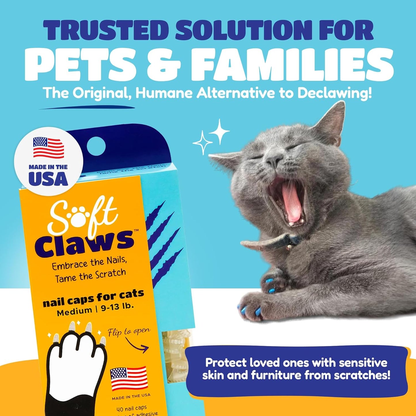 Soft Claws Cat Nail Caps for Medium Cats – (40 Caps, Blue & Gold) - Made in USA - Veterinarian-Developed | Protects Furniture & Skin - Easy to Apply, Long-Lasting Anti-Scratch Soft Cat Claw Covers