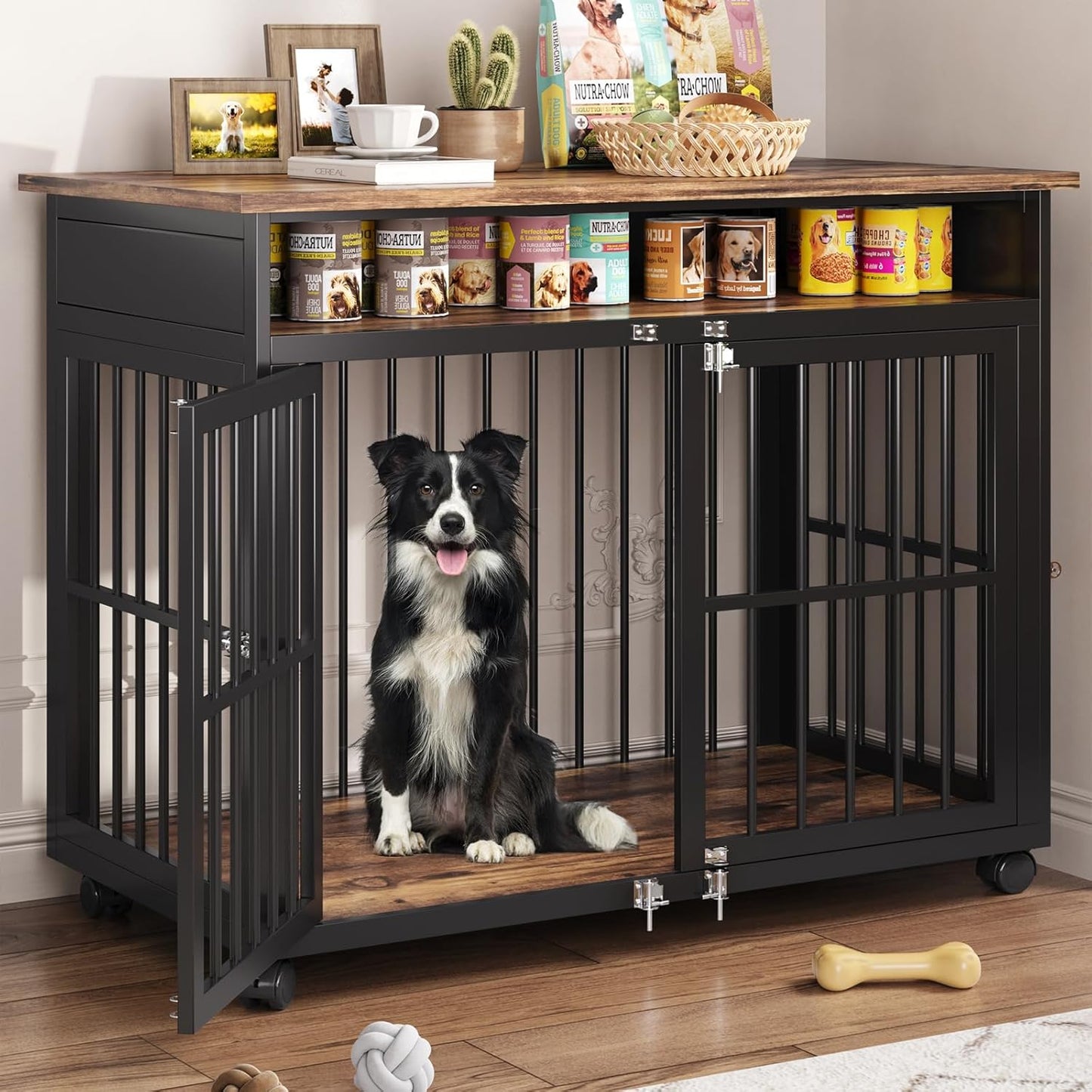 39.4" Dog Crate Furniture for Medium and Large Breed, Dog Kennel Furniture with Storage Shelf & Lockable Wheels, Heavy Duty Wooden End Side Table Pet Cage Indoor, Chew-Resistant, Brown