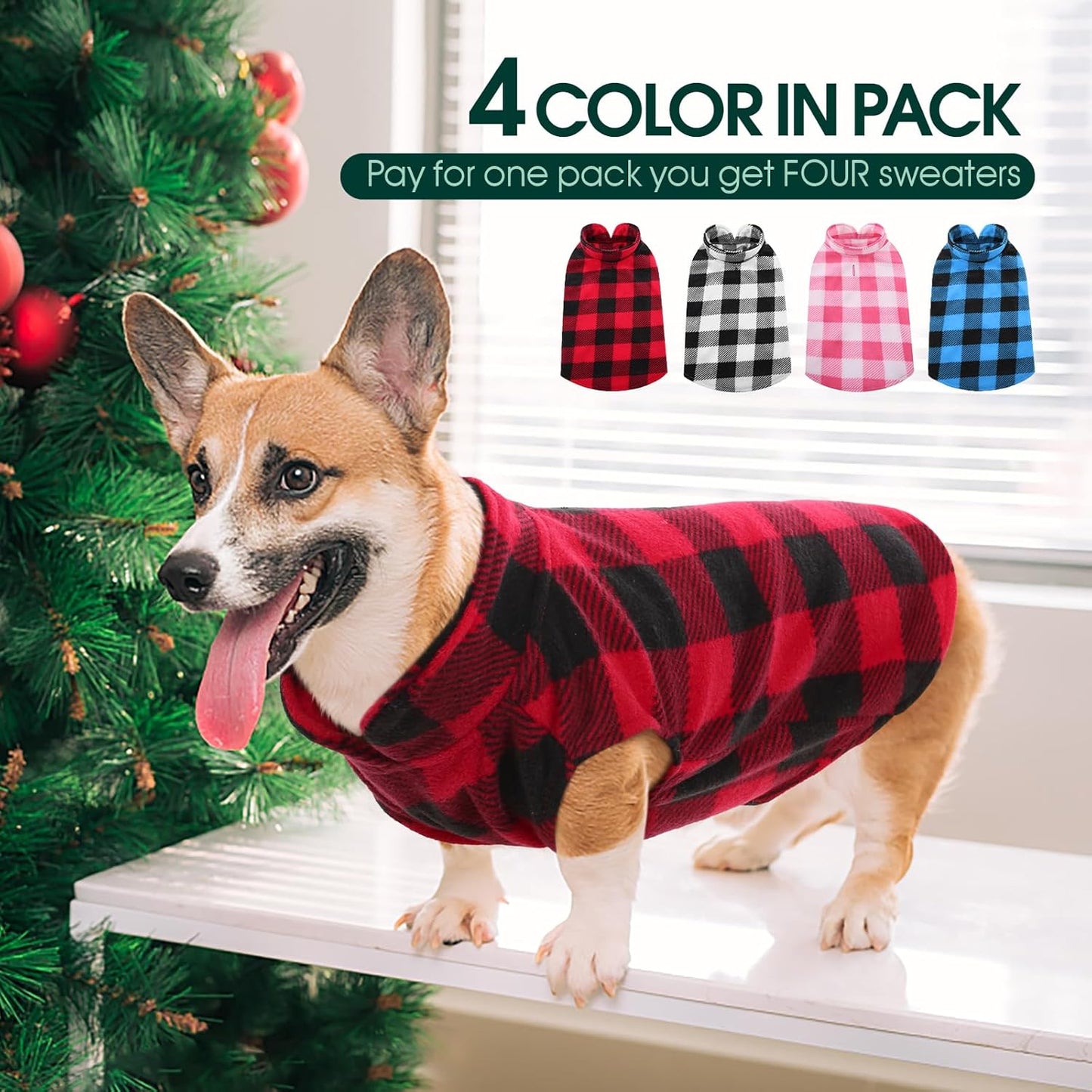 Kuoser 4 Pack Dog Fleece Vest,Warm Plaid Dog Sweater with Leash Hole,Soft Turtleneck Winter Pet Jacket Dogs Coat Pullover for Small Medium Dogs Cats,Spring Fall Cold Weather Christmas Outfit, L