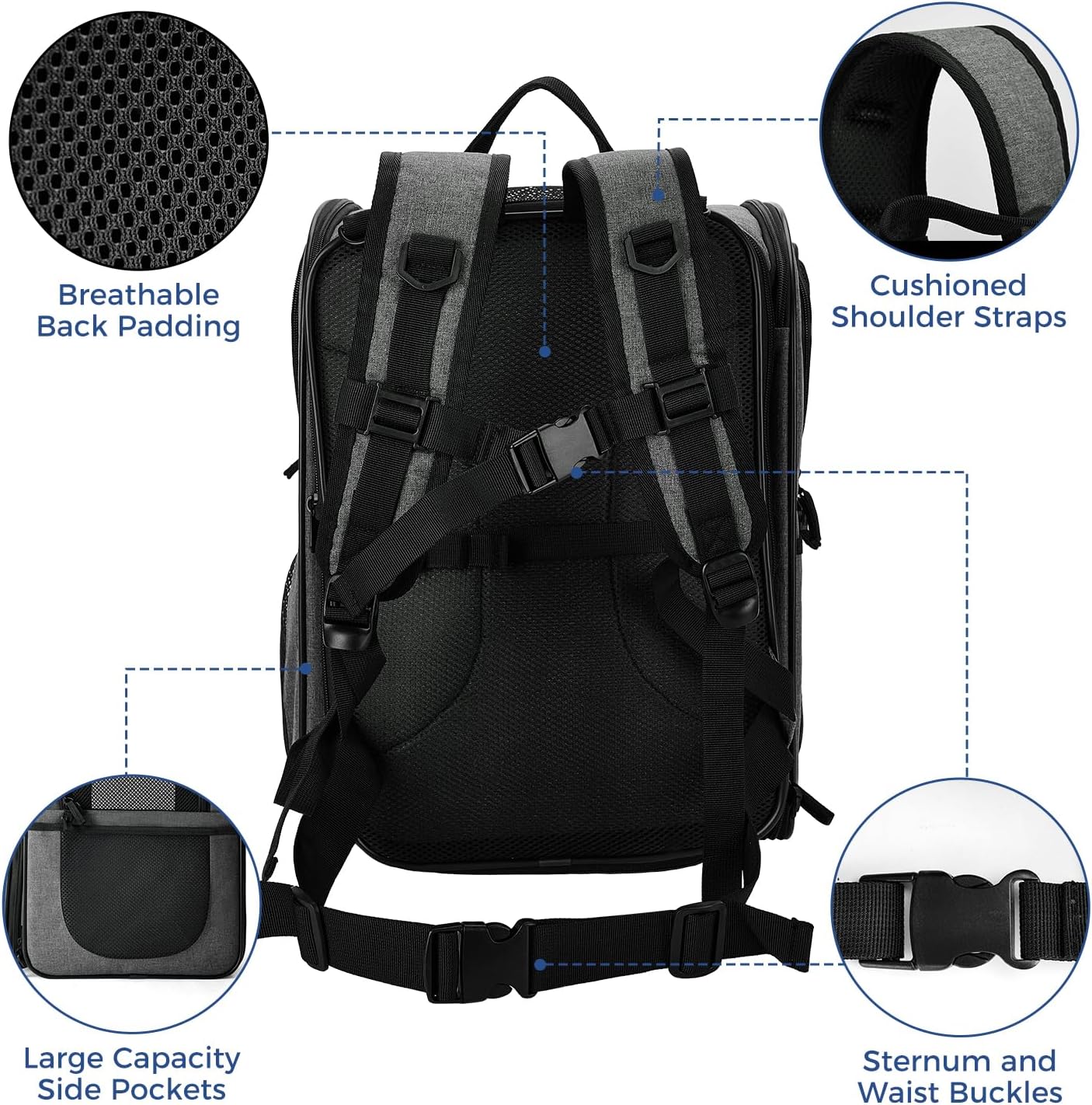 Apollo Walker Pet Carrier Backpack for Large/Small Cats and Dogs, Puppies, Safety Features and Cushion Back Support for Travel, Hiking, Outdoor Use (Gray-Expandable)