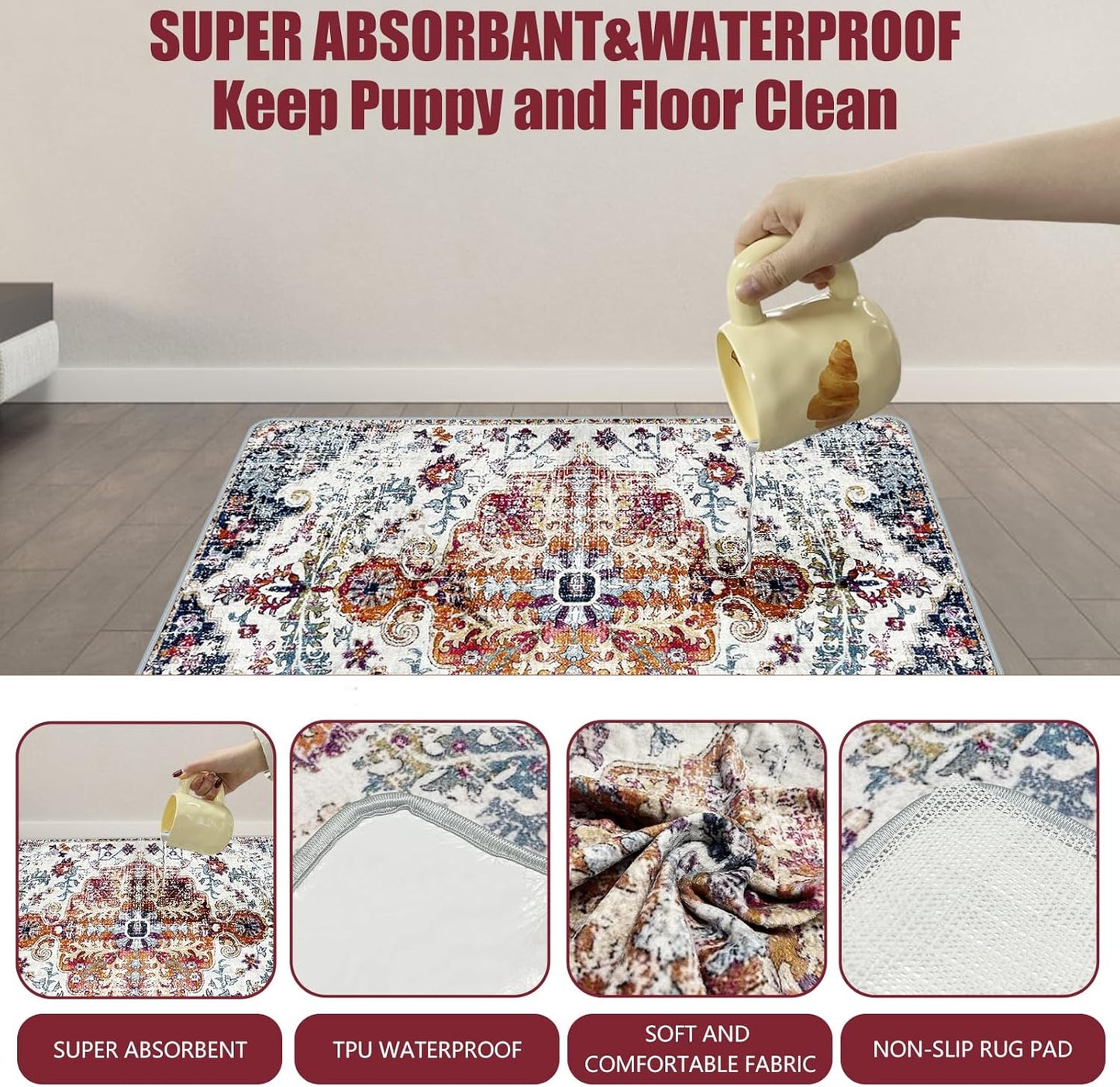 Washable Pee Pads for Dogs, (2 Pack, 36"x42") Upgrade Reusable Puppy Pads with Non-Slip Rug Pad, Super Thickening Absorbent Leakproof Dog Traning Pads Whelping Pad for Dogs, Doggie(Red-1)