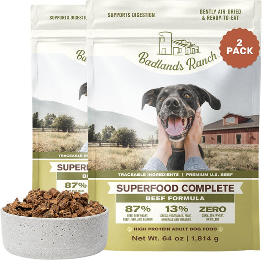 BADLANDS RANCH by Katherine Heigl- Superfood Complete, Air-Dried Adult Dog Food - High Protein, Zero Fillers, Superfood Nutrition (64 Ounce (Pack of 2), Beef)