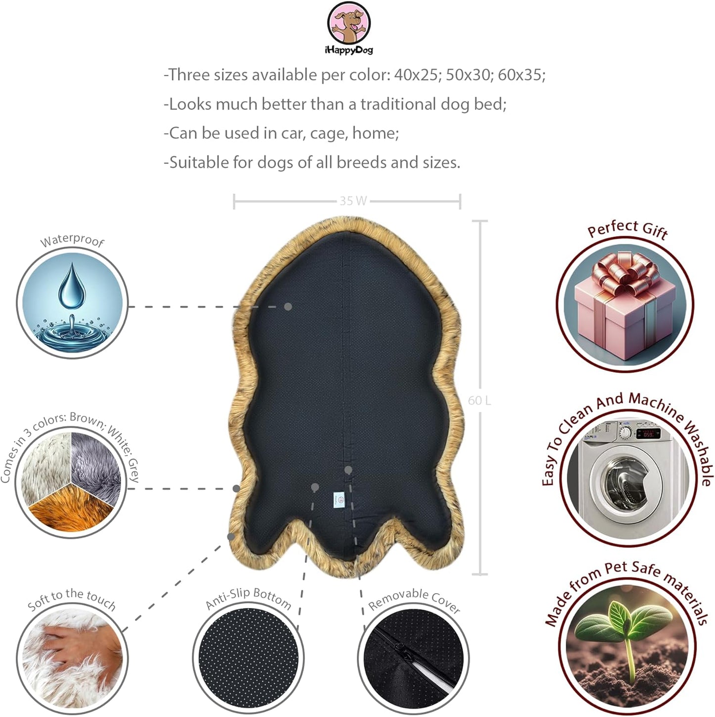 IHAPPYDOG Luxury Faux Fur Orthopedic Dog Bed, Memory Foam Dog Bed for Small, Medium, Large and XL Pets, Fluffy Pet Bed with Waterproof and Washable Cover (Brown, 60"x35")