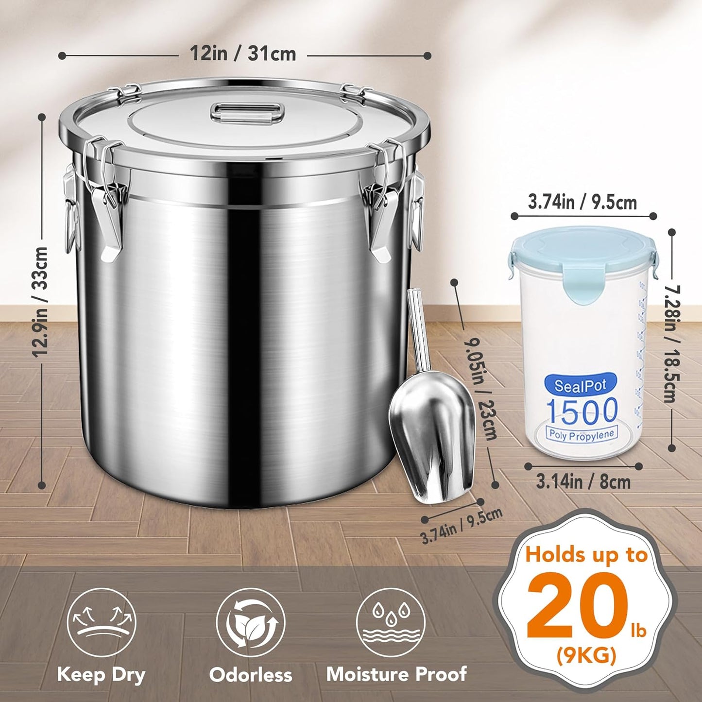 Dog Food Storage Containers, Large Stainless Steel Pet Food Storage Containers 20 lb / 9 kg to Keep Fresh, Metal Airtight Cat Food Containers With Scoop and 2 Small Containers