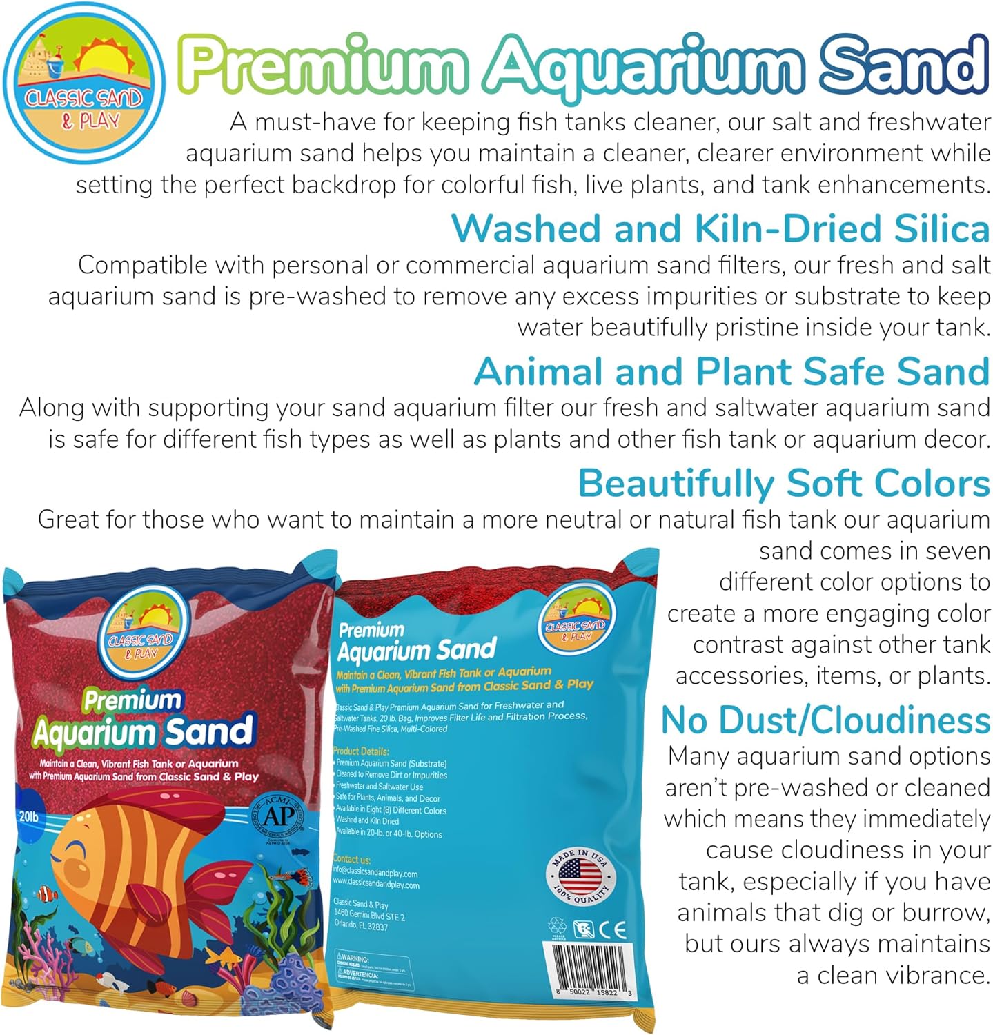 CLASSIC SAND & PLAY Natural Aquarium Sand for Freshwater and Saltwater Tanks, 20 lb. Bag, Improves Filter Life and Filtration Process, Pre-Washed Fine Sand, Red