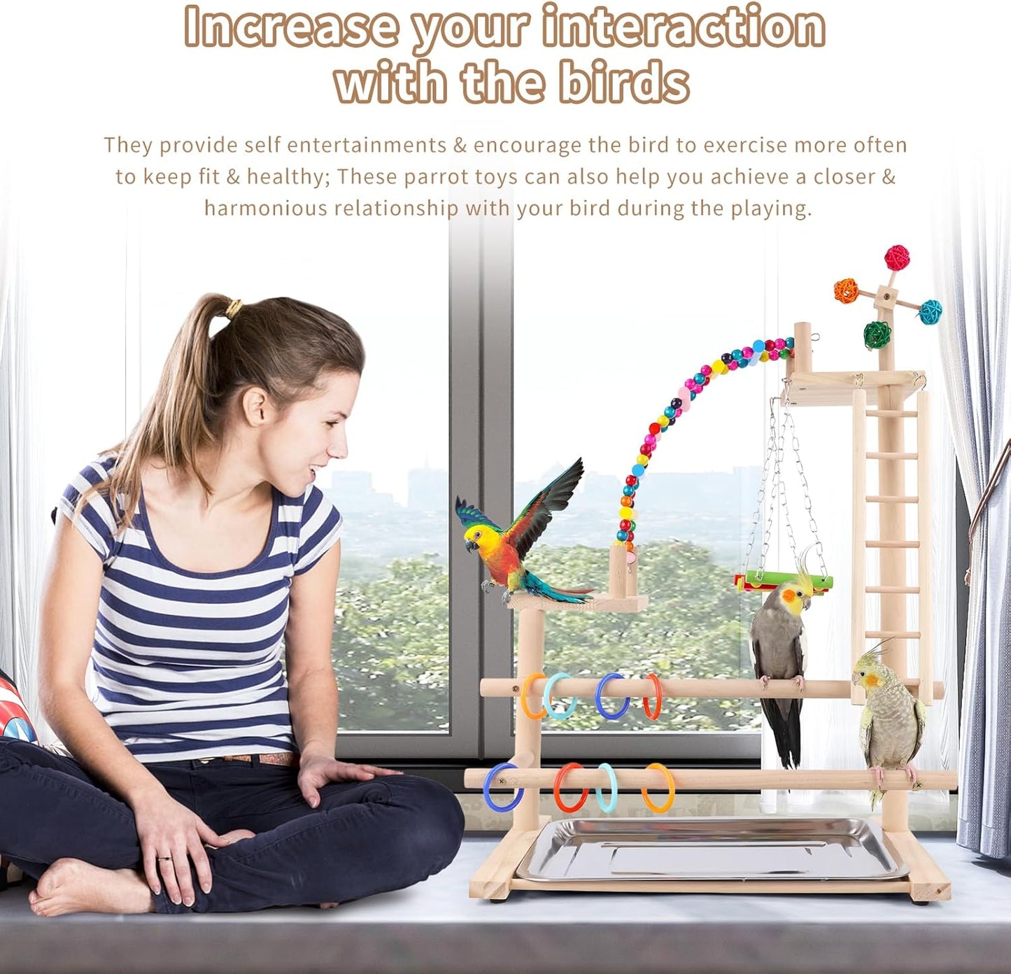 Bird Playground, Perch Stand Parrot Playstand Play Gym with 2 Perches Stand Windmill Toys, Playpen for Parakeet Conure Cockatiel Lovebird Budgie Caique, Exercise Playgym with feeding Cups