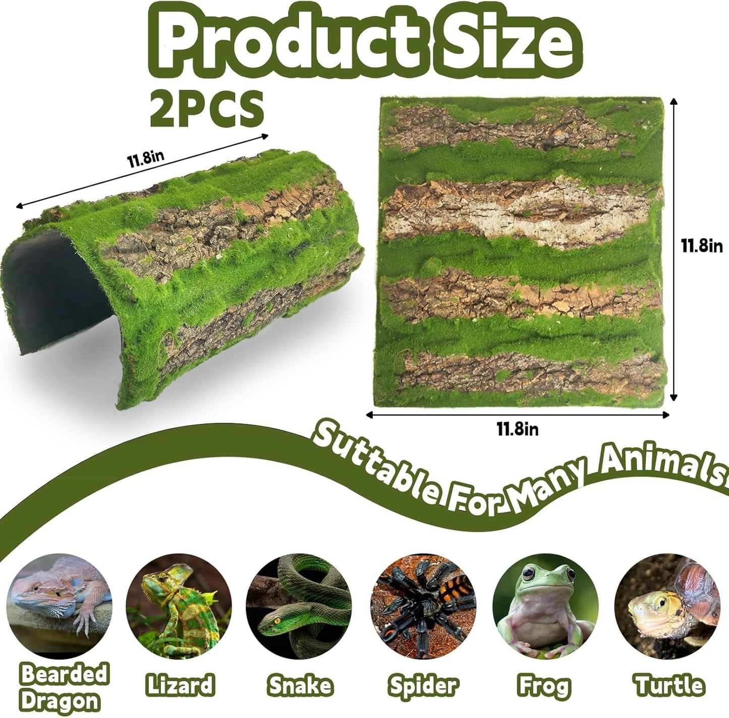 kathson 2pcs Cork Bark for Reptiles 11.8 "L X 11.8" W Cork Terrarium Background Bearded Dragon Tank Background with Artificial Moss Natural Reptile Climbing Mat for Spider Gecko Lizard Chameleon