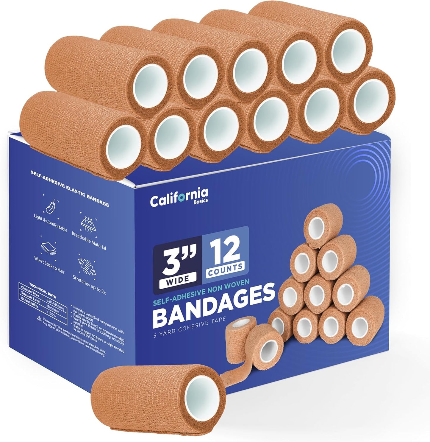 Self-Adhesive Bandage Wrap - Suitable for All Sports - Breathable Athletic Tape for Wrists - Knee and Ankle - Self Adhesive Bandage- 3 Inch- 12 Pack - Brown