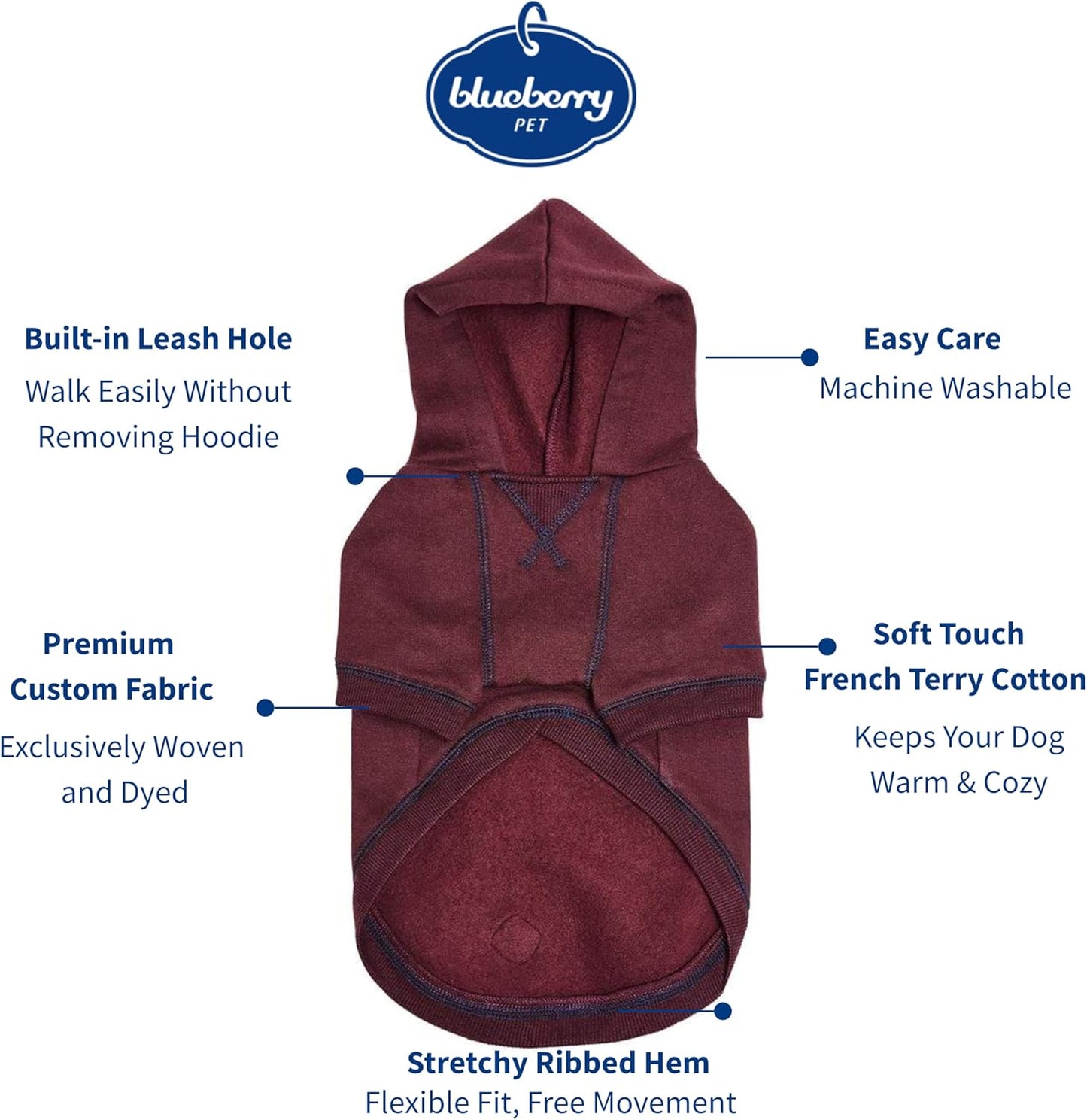 Blueberry Pet Essentials Dog Hoodie – 18 inch, Cotton‑Blend Sweatshirt with Hood, Burgundy Red, Machine‑Washable Small‑Dog Jersey