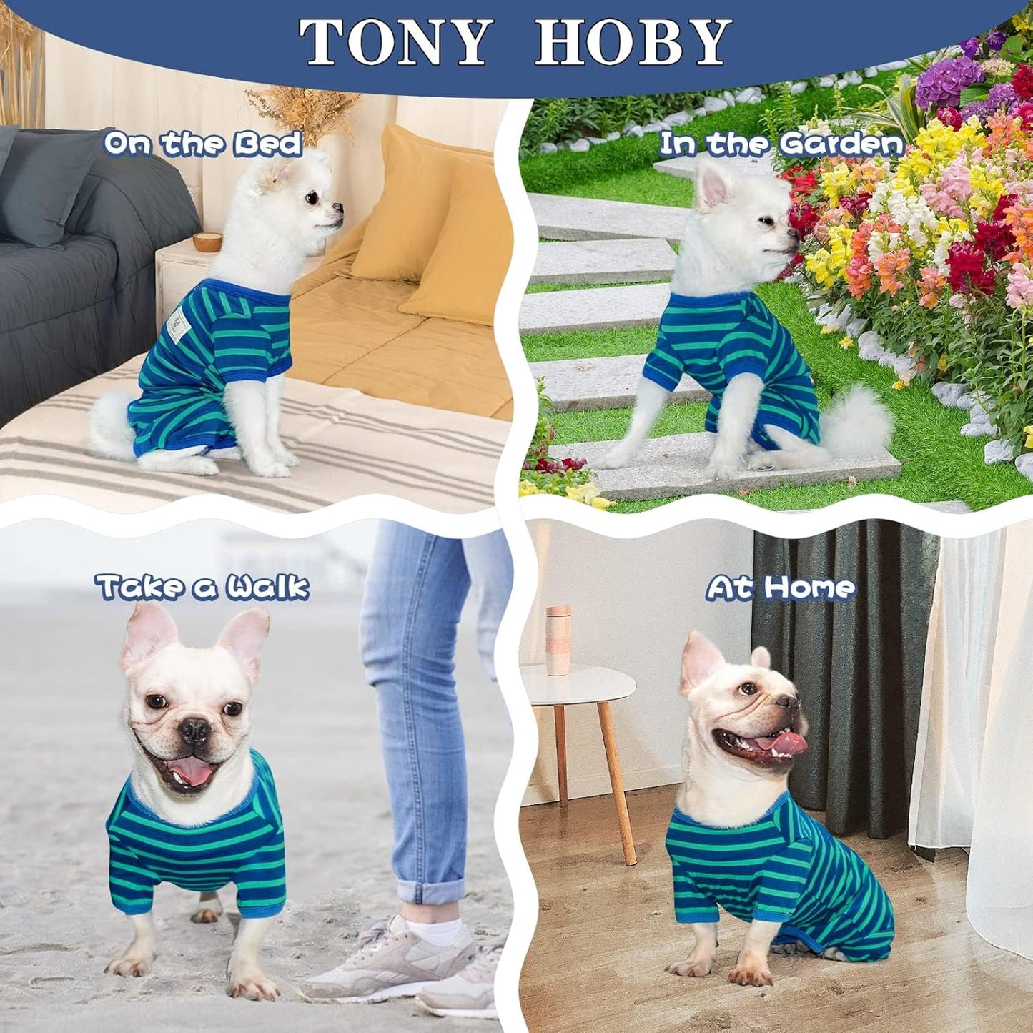 TONY HOBY Dog Pajamas for Medium Small Dogs, Dog Jumpsuit with Stripes 4 Legged Pajamas, Soft Dogs Pet Clothes (Blue&Green, Girl,M)