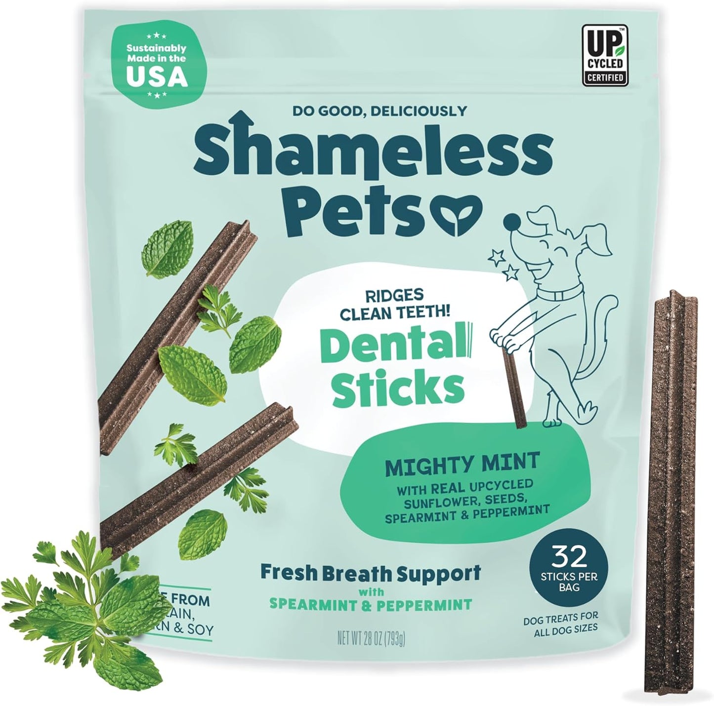 Shameless Pets Dental Chews for Dogs, Mighty Mint Dental Sticks, Healthy Treats for Teeth Cleaning & Fresh Breath - Free from Grain, Corn, & Soy for Small Dogs, 32 Sticks