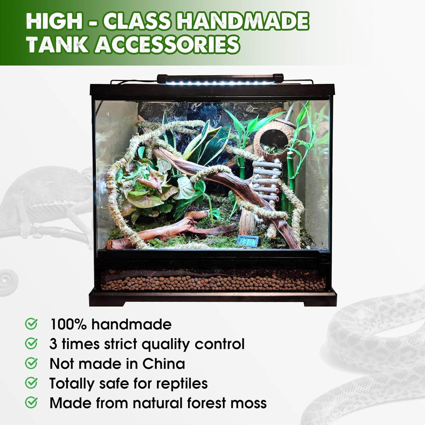 Duspro 6.5FT Reptile Vine & Moss Set for Climbing Bendable Branch, Natural Moss Rope Jungle Decor for Bearded Dragon, Chameleon Tank Accessories, Snake Gecko Lizard Terrarium