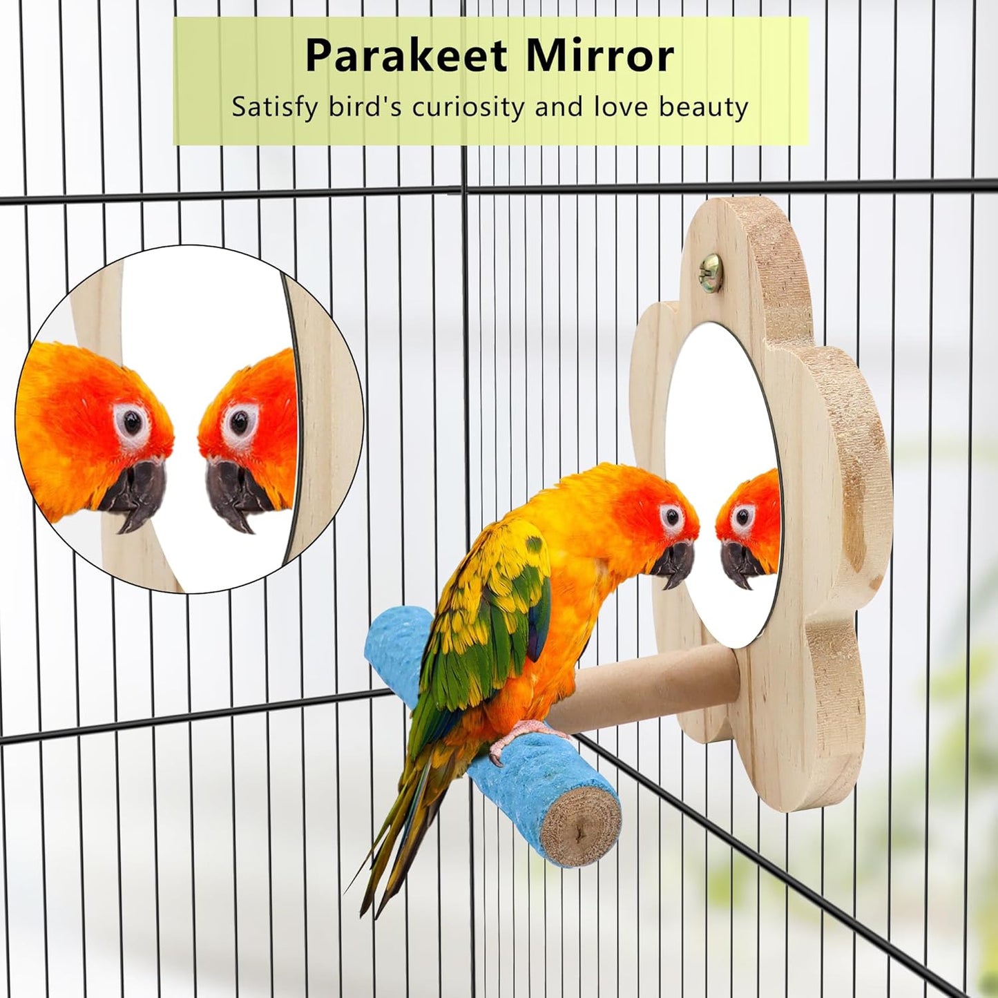 Small Bird Mirror Parrot Swing,Wooden Parakeet Perches Flower Interactive Play Toys for Small Budgies Macaw African Grey Parakeets Lovebird Cockatiel Cage Accessories (S, Wood-1p)