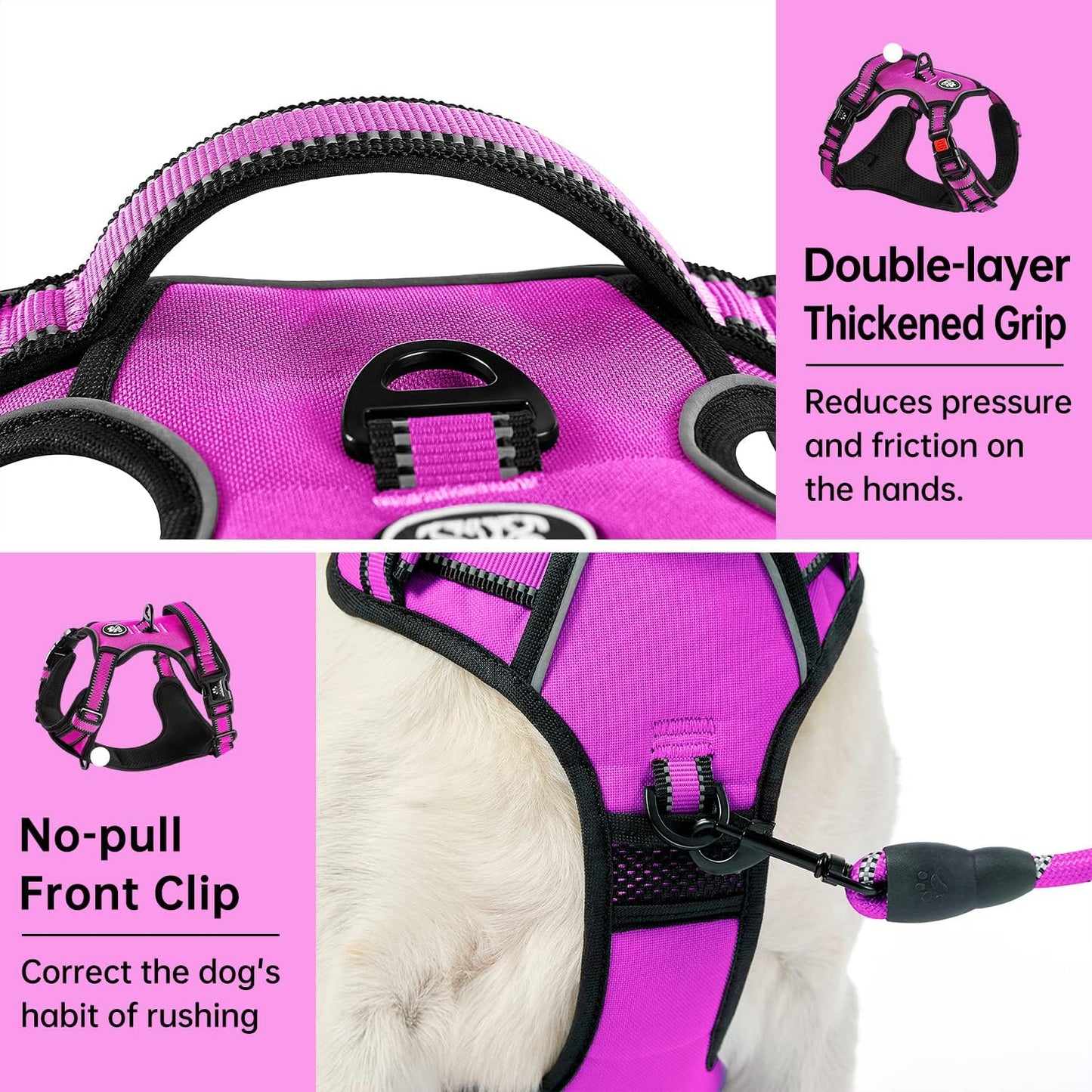 IVY&LANE No Pull Dog Harness for Small Dogs, Dog Vest Harness with Leash, Safety Belt and Storage Strap, Fully Adjustable Harness, 360° Reflective Strip, Soft Handle (Fuchsia Pink,S)