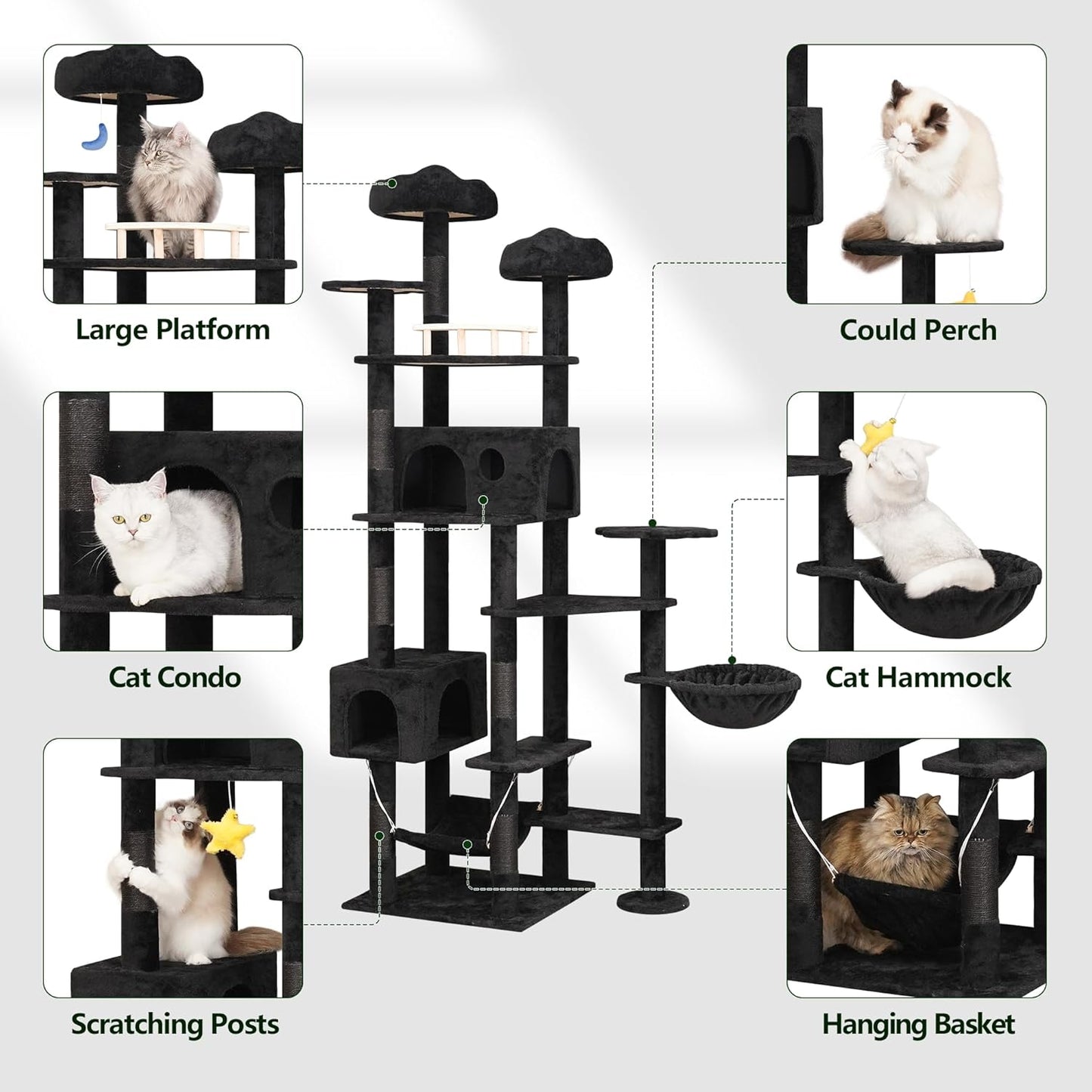 85inch Giant Cat Tree for Heavy Duty Big Cats, Multi-Level Luxury Cat Tower with Scratching Post, Cat Condo with Hammocks & Plush Perches for Indoor Cats Large Adult, Black