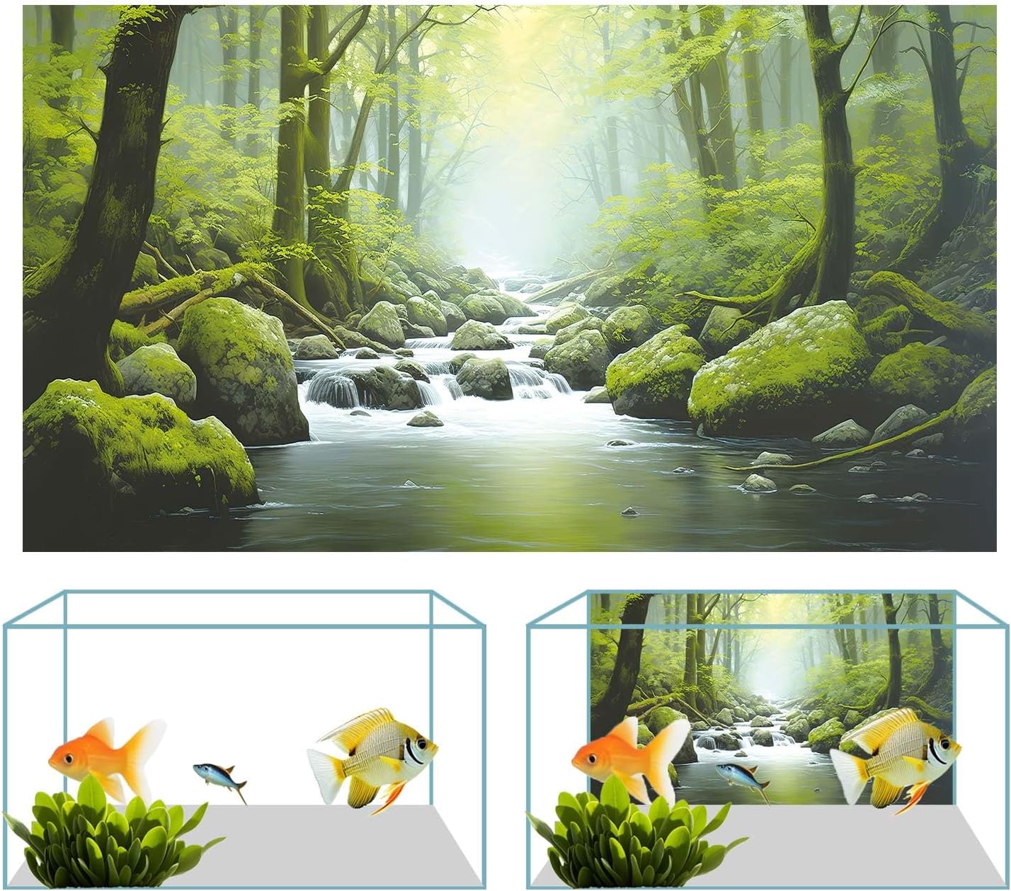 36X20IN Tropical Forest Terrarium Background, Natural Green Forest Tree Reptile Habitat Background, Misty Rainforest Aquarium Background, with 8 EVA Double-Sided Tape