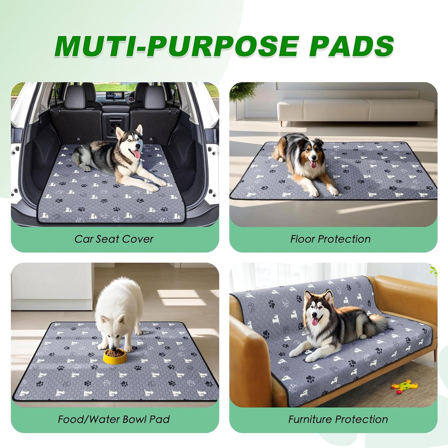 Washable Pee Pads for Dogs Mat, 2 Pack Absorbent Reusable Training Dog Pads Pet Puppy Pads, Non-Slip Potty Pads for Whelping, Playpen, Crate, Bed, Grey 24"x36"