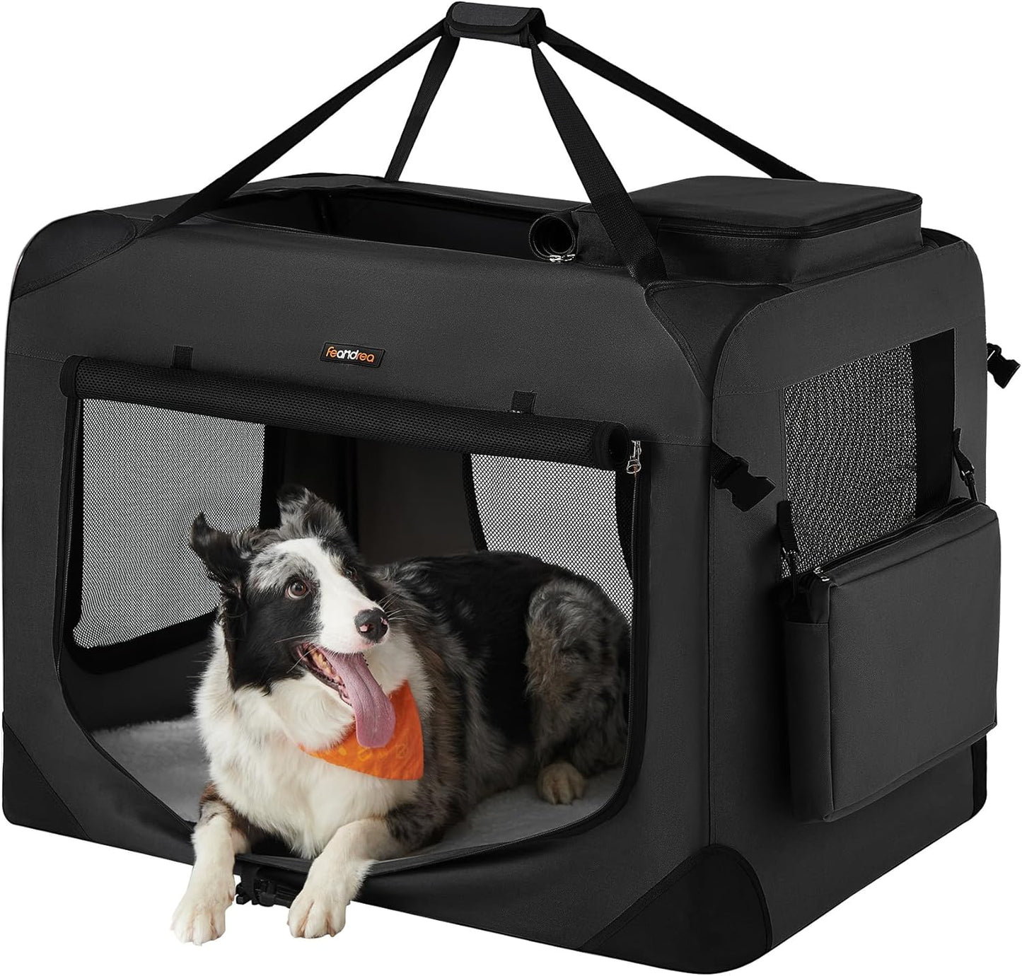 Feandrea 36 Inches Collapsible Soft Dog Crate, Portable Travel Dog Crate for Indoor and Outdoor Use, Dog Carrier Kennel with Safety Zippers, for Living Room, Car, Travelling, Camping, Black UPDC90H