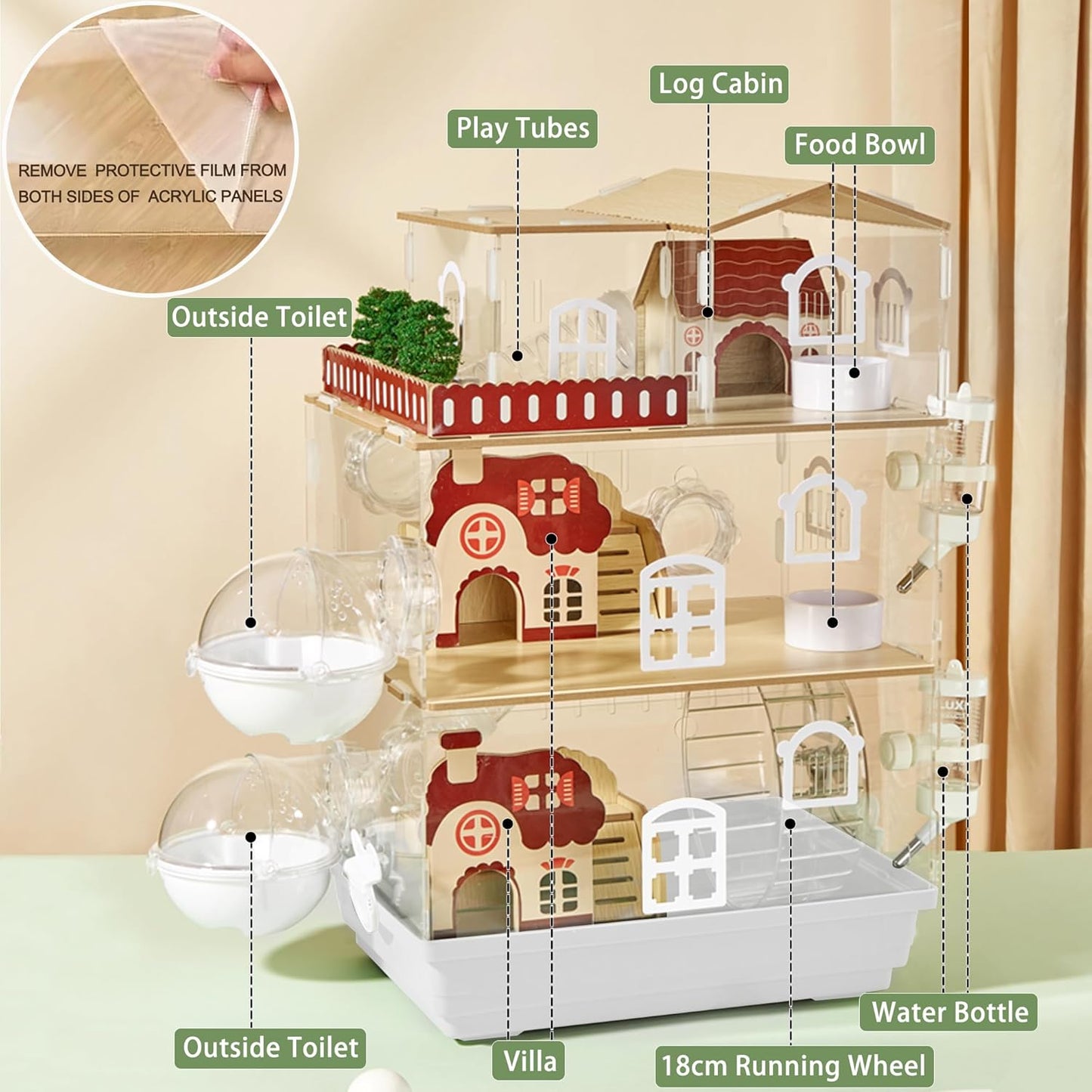 17 in 1 Clear Acrylic Hamster Cage with All Accessories,13.5''L* 10''W* 21''H Dwarf Hamster Cage,Magnetic Connection Small Hamster Enclosure,Garden Style Wooden Mouse Cage for Pet Mice(3-Layer,White)