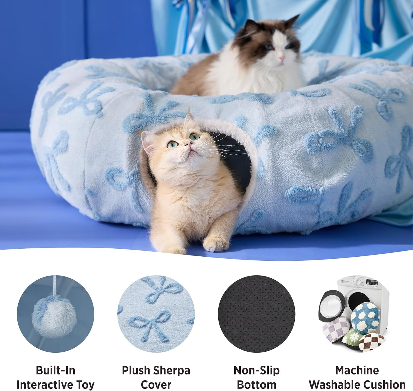 Lesure Cat Tunnel Bed for Indoor Cats - Cute Cat Donut Tunnel Toys with Washable Circle Cushion, Round Pet Peekaboo Cave Toy for Kitten/Puppy/Rabbit, Standard Ice Blue