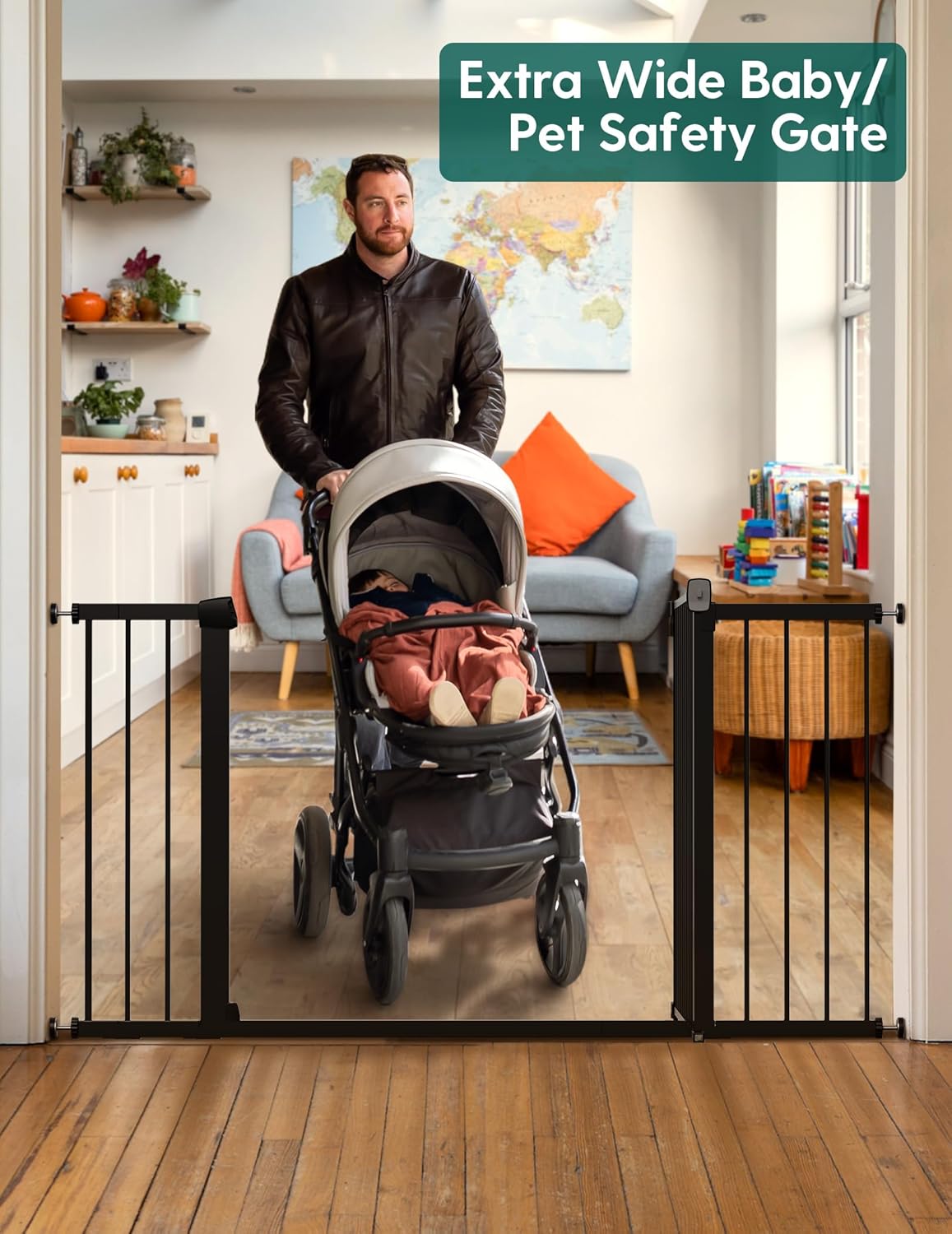 BABELIO 36-57" Extra Wide Baby/Dog Gate, Auto Close for The House, Stairs and Doorways, Pressure Mounted for Pet with Large Walk Thru Door, No Need Tools and Drilling, Black