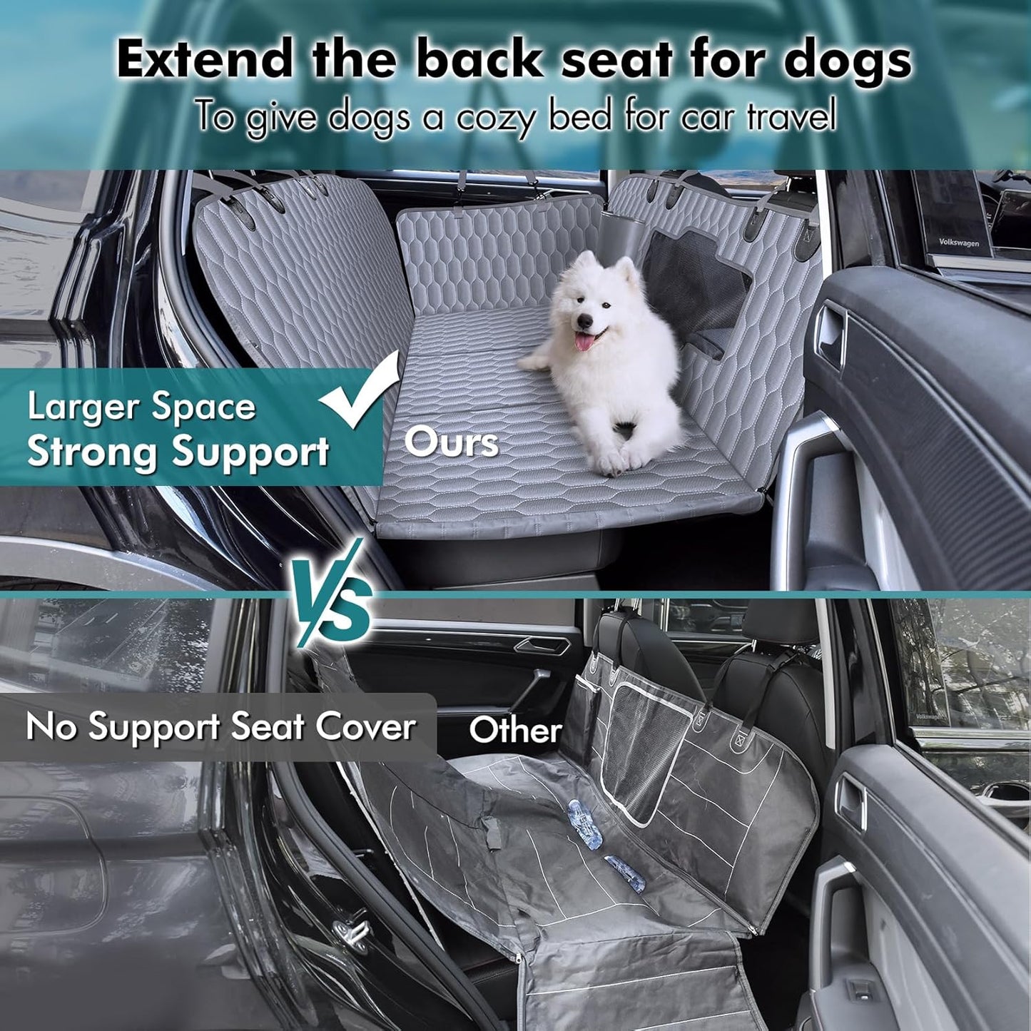 Back Seat Extender for Dogs-Supports 400lb,Waterproof Dog Car Seat Cover Hard Bottom-Detachable,600D Heavy Duty Scratch Proof Nonslip Soft,Dog Hammock for Car,SUVs-Grey