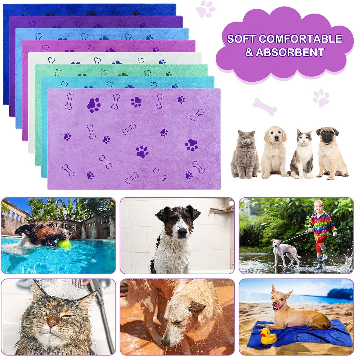 Chumia 8 Pcs Dog Towels for Drying Dogs Cats Pet Towels Bulk Puppy Microfiber Quick Drying Paw Bath Bathing Supplies Absorbent for Medium Pets(Classic Color,18 x 28 Inch)