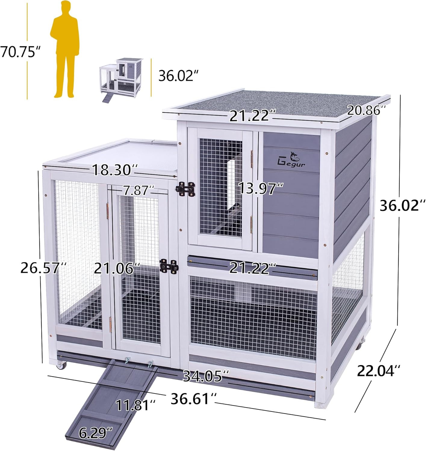 GEGURI Rabbit Hutch, Two-Story Indoor Bunny Cage, Outdoor Guinea Pig Cages for Small Animals with Wheels, Removable Tray