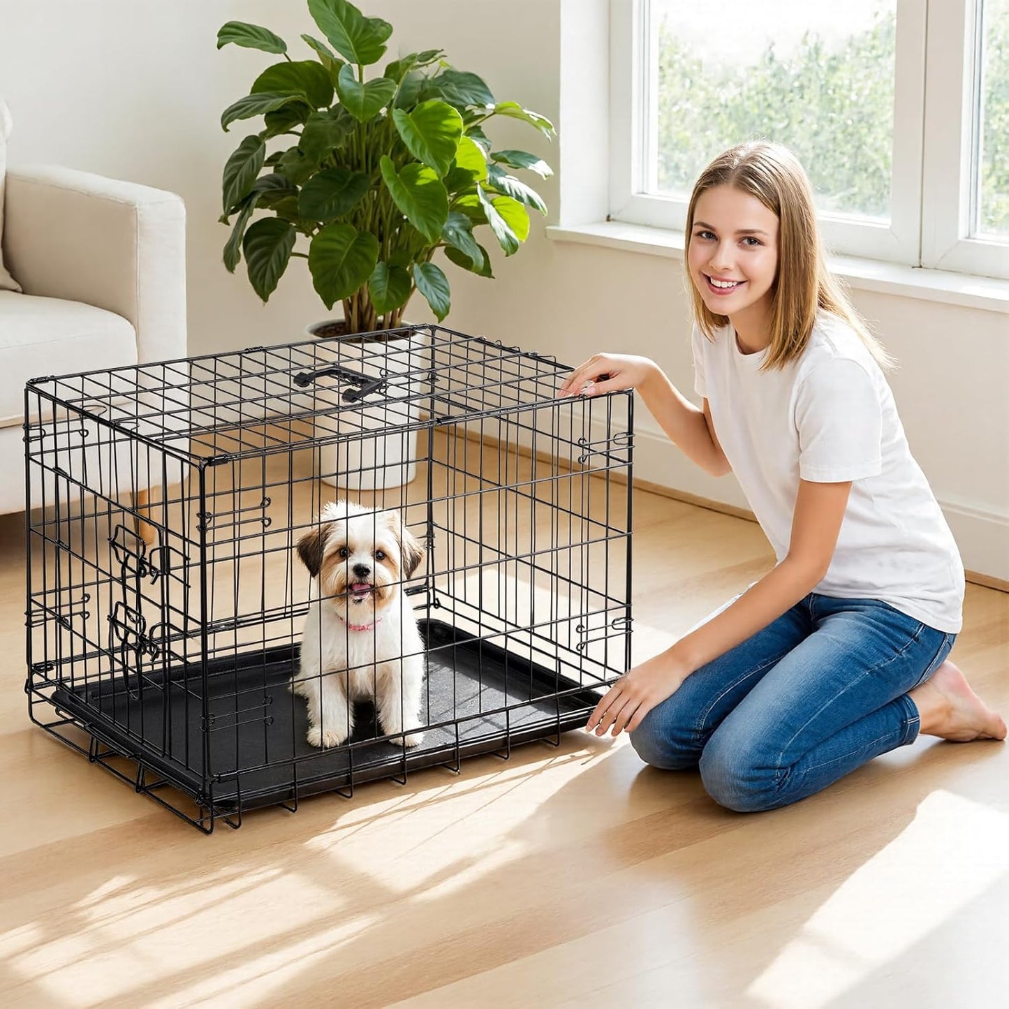 DUMOS Dog Crate, 30 Inch Medium Single Door Dog Cage with Divider Panel and Plastic Leak-Proof Pan Tray, Folding Metal Wire Pet Kennel for Indoor, Outdoor, Travel