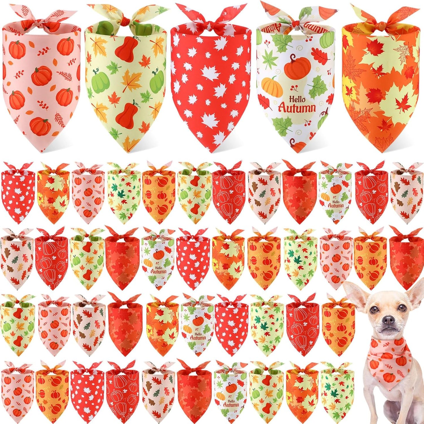 Weewooday 50 Pcs Fall Dog Bandanas Bulk for Dogs Thanksgiving Soft Bibs Adjustable Triangle Pet Bandana for Small Medium Large Costume(Leaves Pattern, 25.6 x 17.7 x 17.7 Inch)
