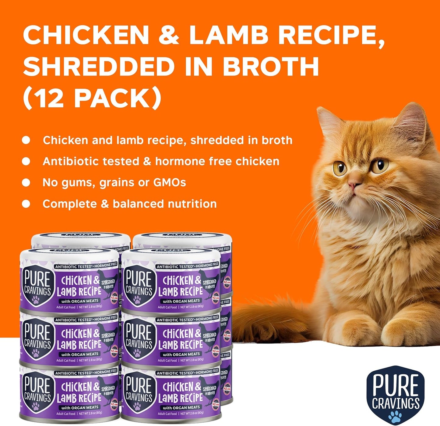 Chicken and Lamb Recipe in Broth, Shredded Wet Cat Food, Grain-Free Protein, Non-GMO, 12 Pack