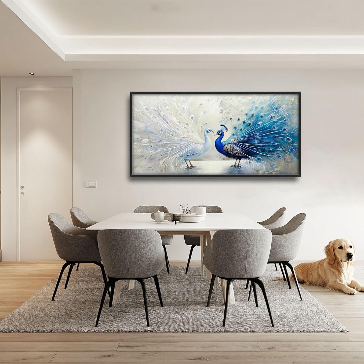 Quorin Peacock Large Wall Art Blue and White Pictures Elegant Animal Wall Decor Canvas Print Painting Artwork for Bathroom Living Room Bedroom 60L x 30W