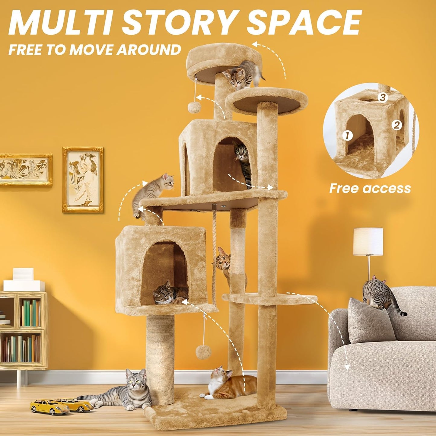 59in Large Cat Tree Tower for Indoor Cats with Soft Plush Hang Ball, Two Condos, Sisal Scratch Posts & Rope Play for Kittens/Adult Cats, New Beige