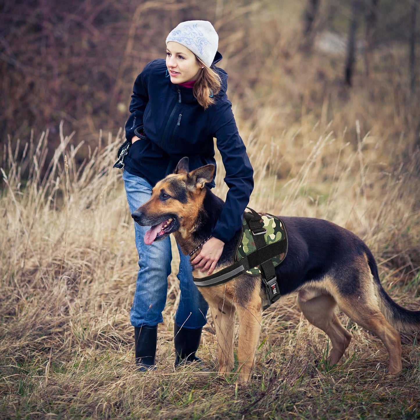 Dogline Dog Harness, Reflective No-Pull Adjustable Vest with Handle for Walking, Training, Breathable, No - Choke Harness for Small, Medium or Large Dogs Room for Patches Girth 18 to 24 in Green Camo