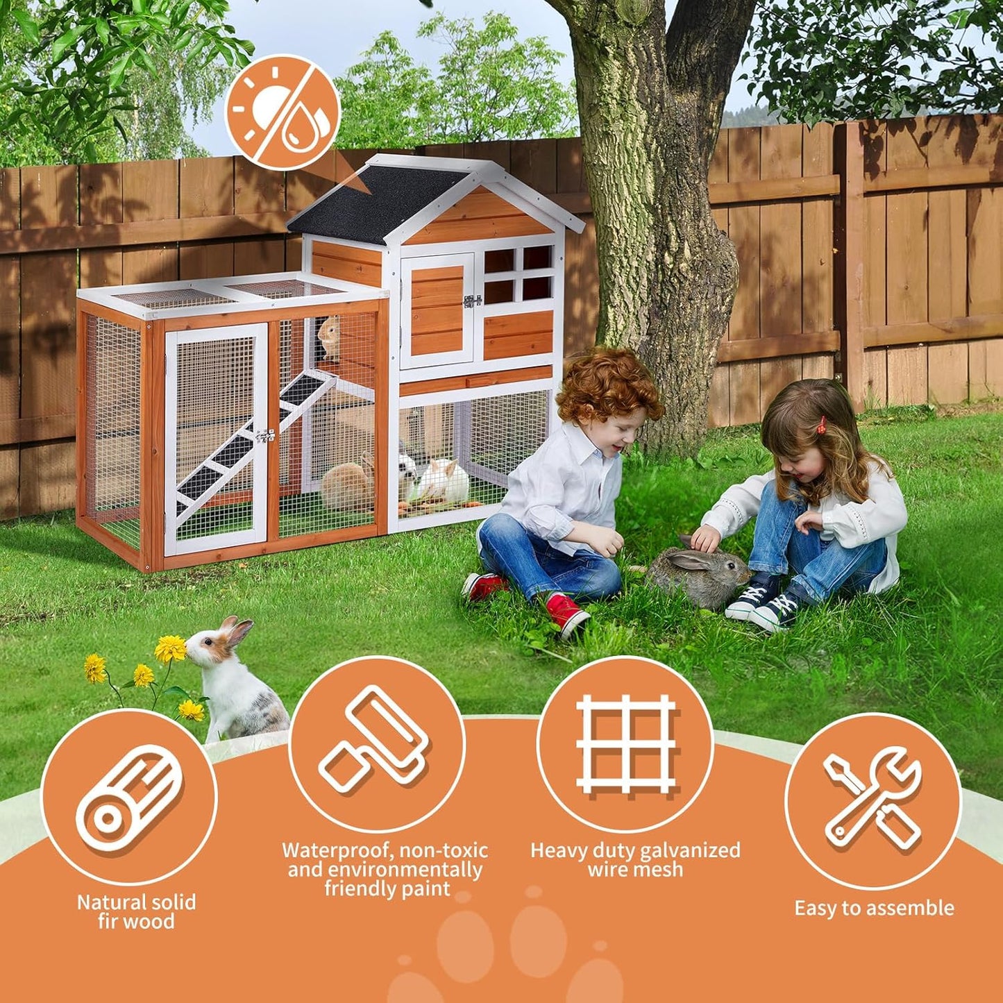 Outvita Rabbit Hutch, Small Wood Chicken Coop, 48" Guinea Pig Cage w/Pull-Out Tray, Waterproof Asphalt Roof, Chicken Run, Interactive Door for Small Animal Pen Outdoor