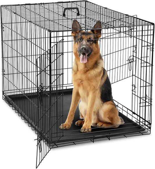 DUMOS Dog Crate, 42 Inch Large Double Door Dog Cage with Divider Panel and Plastic Leak-Proof Pan Tray, Folding Metal Wire Pet Kennel for Indoor, Outdoor, Travel